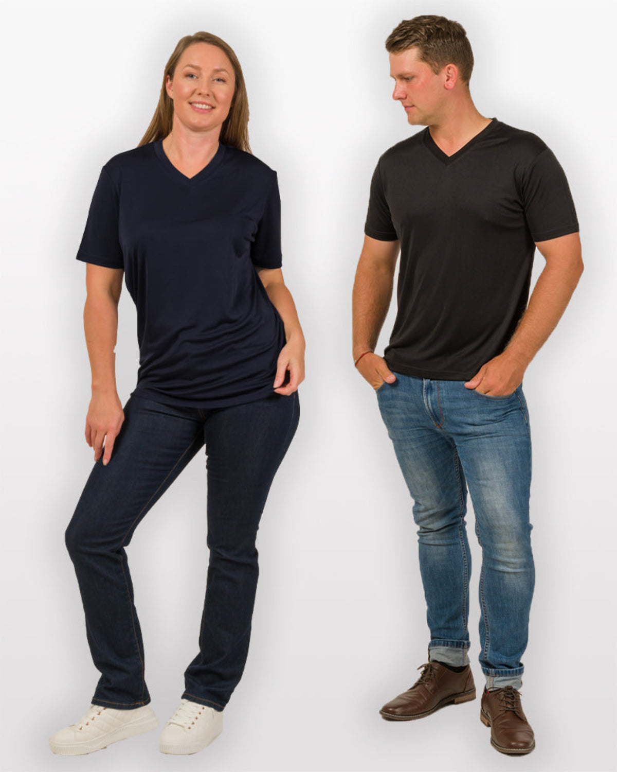Men and women silk   black vee neck t-shirts and jeans on a white background
