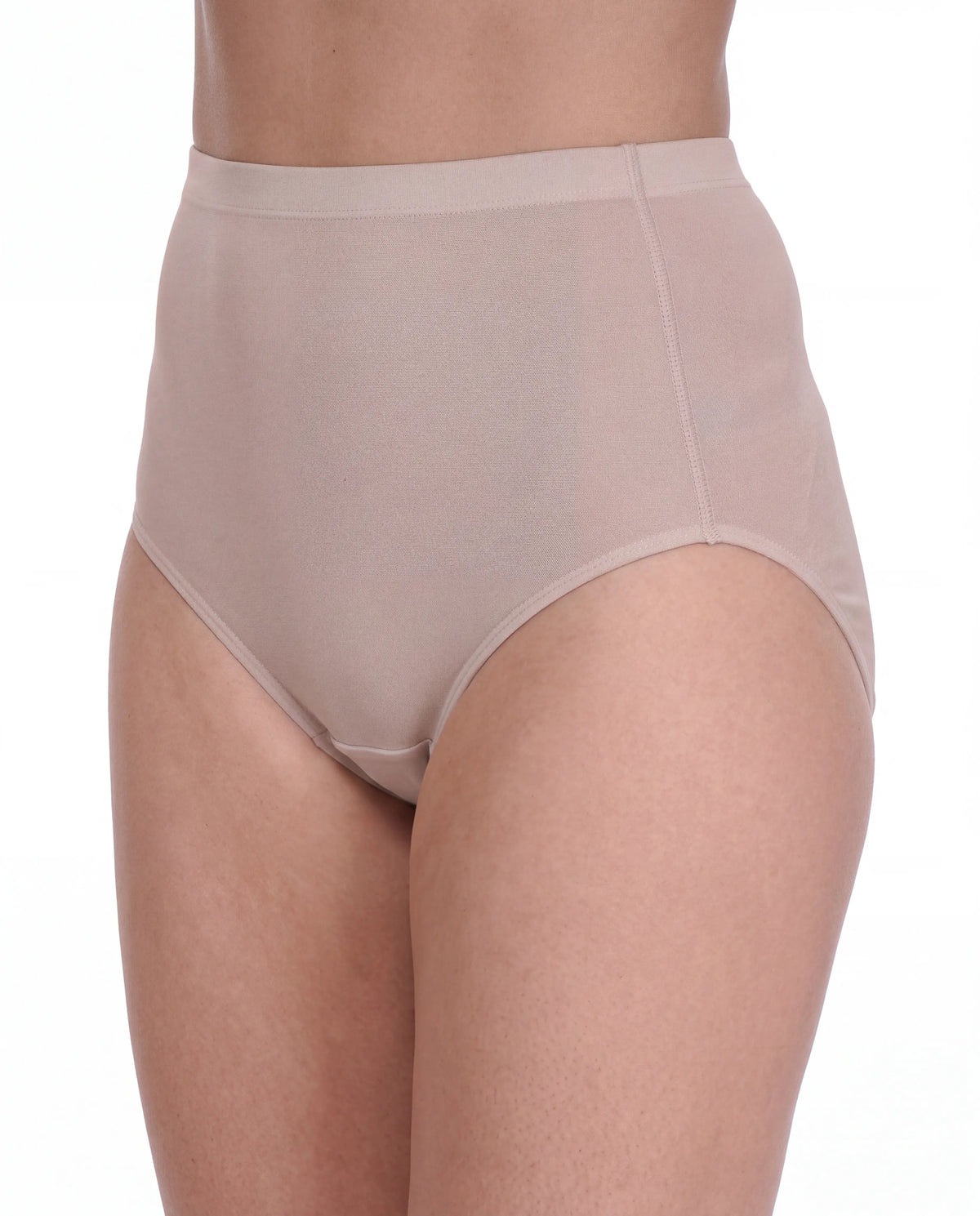A close-up of a model wearing high-waisted seamless  silk briefs in a light latte