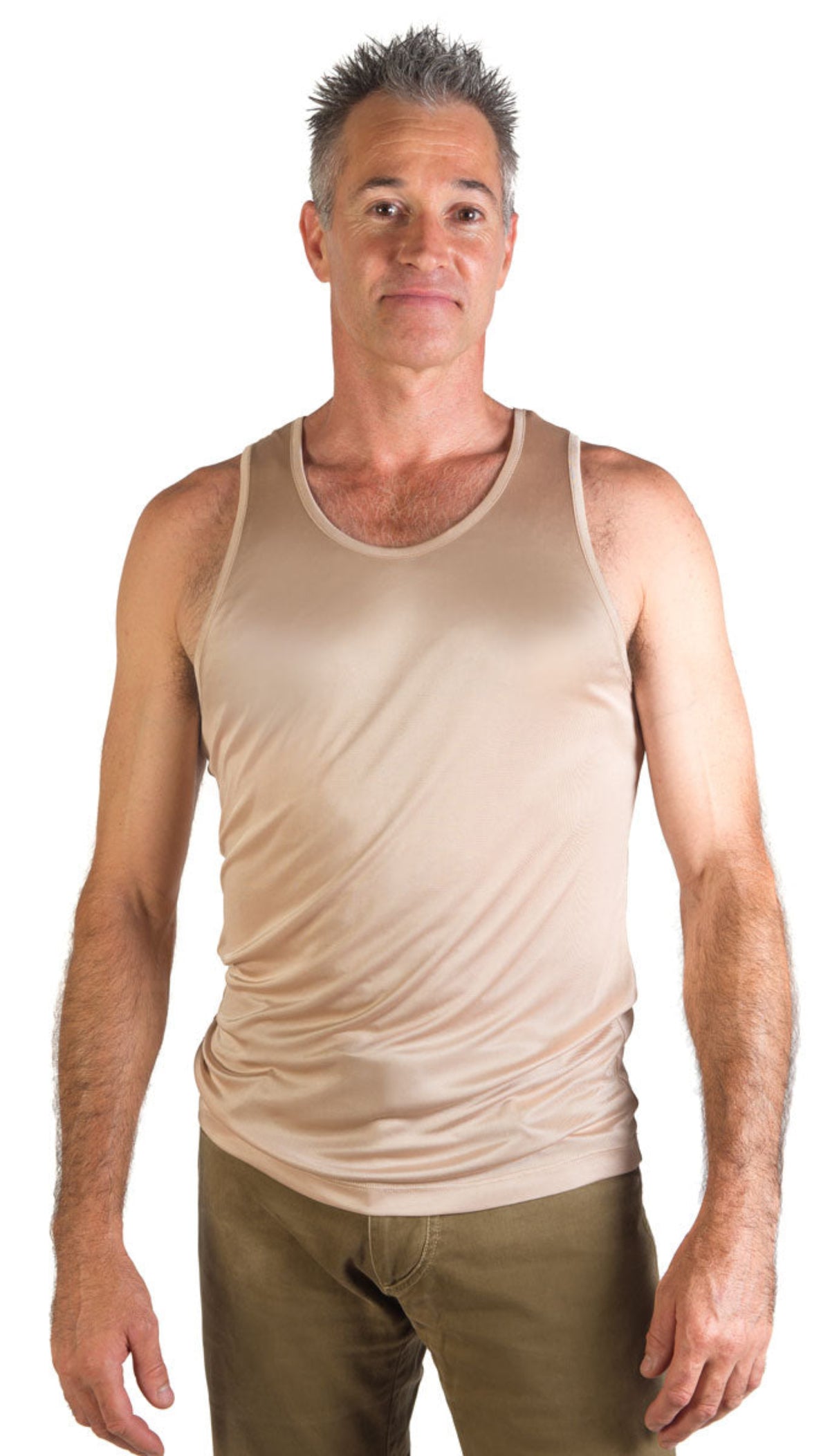 Man wearing a silk  latte singlet  top