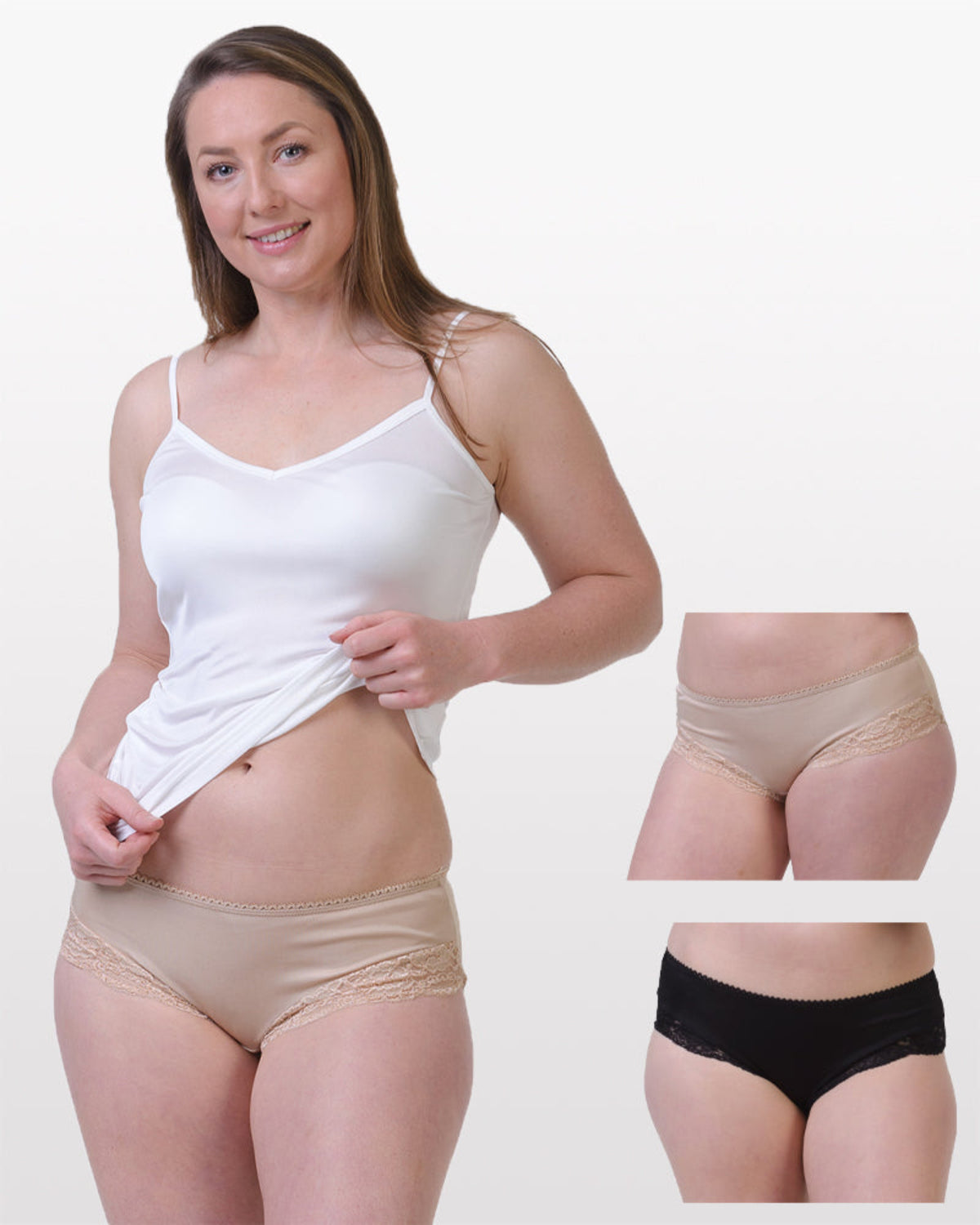Woman wearing a silk white cami top and latte silk and black silk underwear 