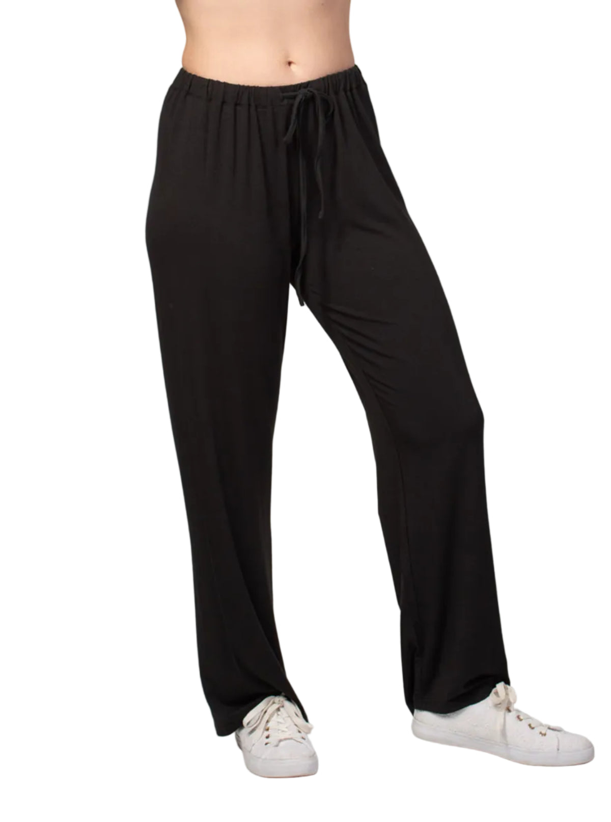 Bamboo leisure Black wide-leg pants worn by a person on a gray background