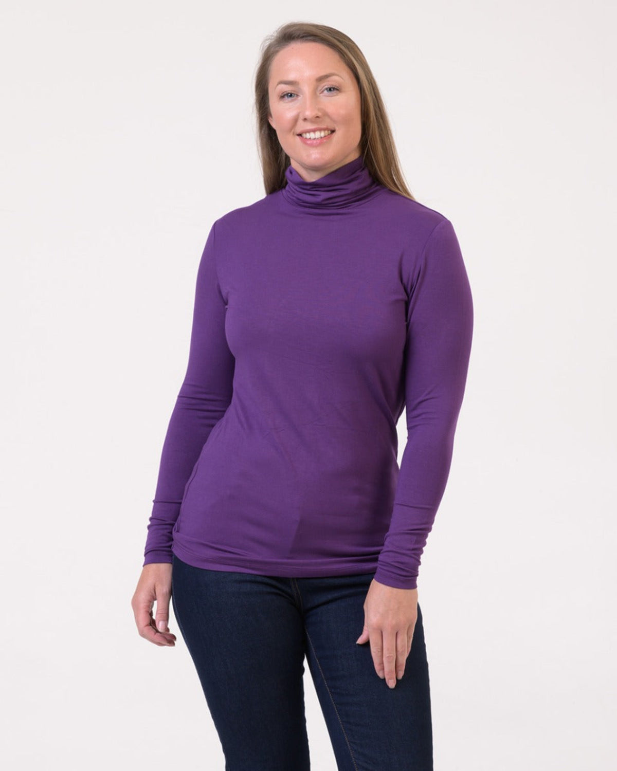 Bamboo Woman wearing a purple turtleneck shirt on a white background