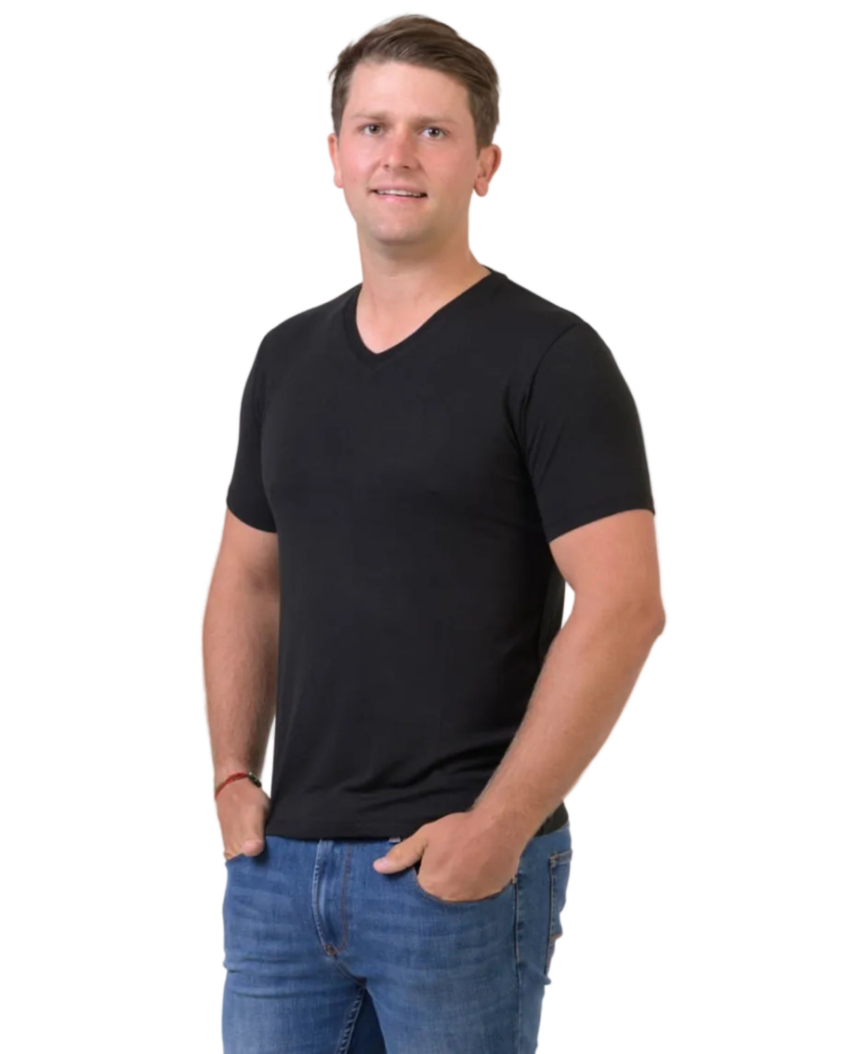 Bamboo v neck
Man wearing a black t-shirt and blue jeans against a plain background