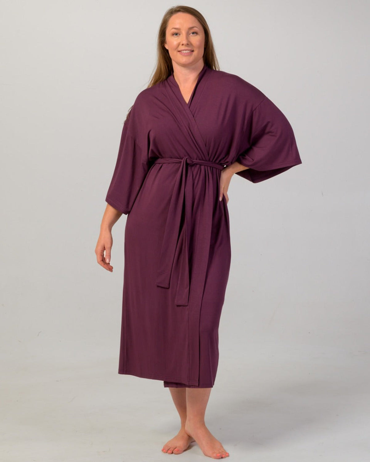 Bamboo Kimono Robe Woman wearing a purple robe against a plain background
