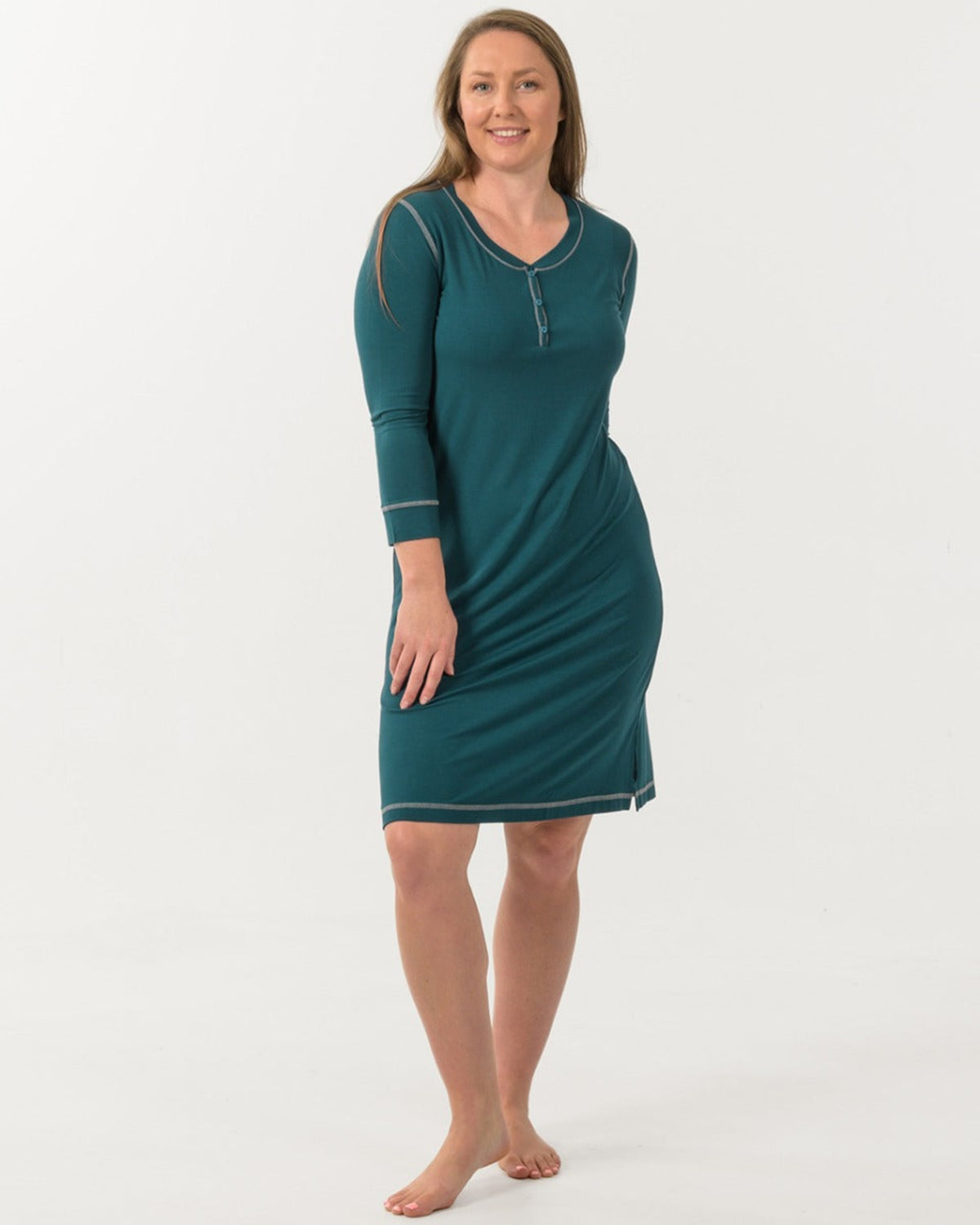 Woman wearing a bamboo henley  nightshirt 