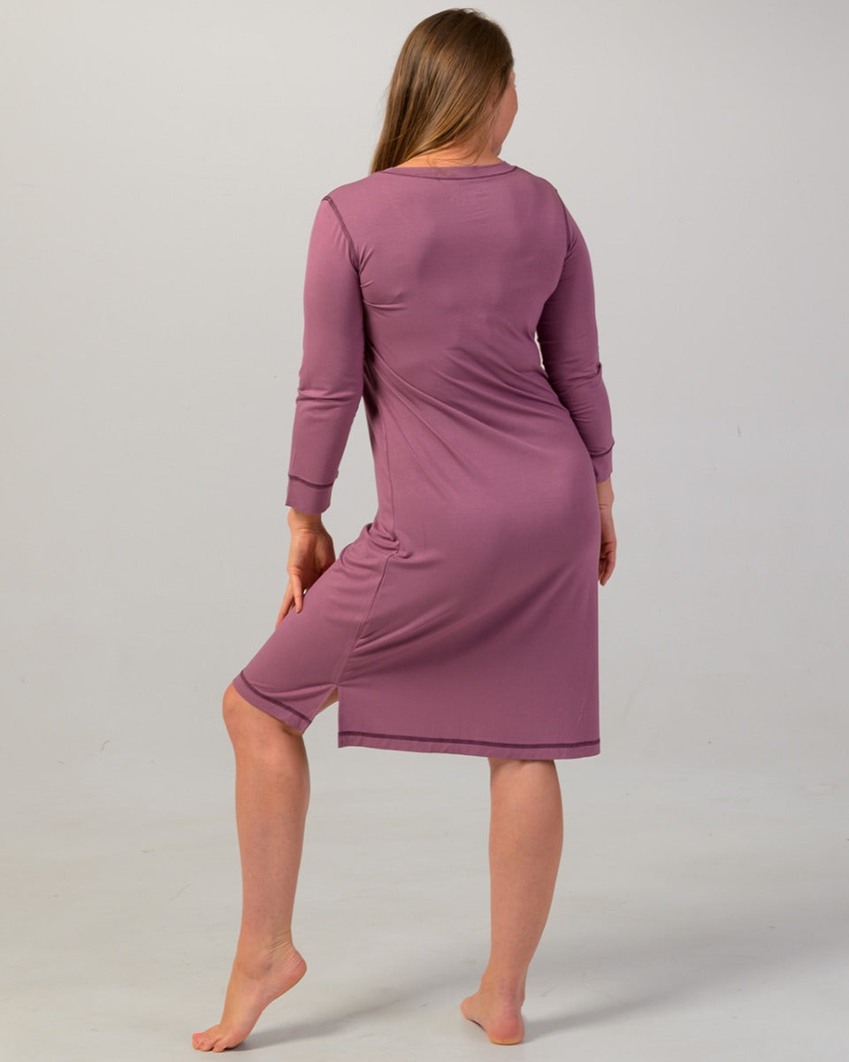 Woman wearing a bamboo henley nightshirt 
