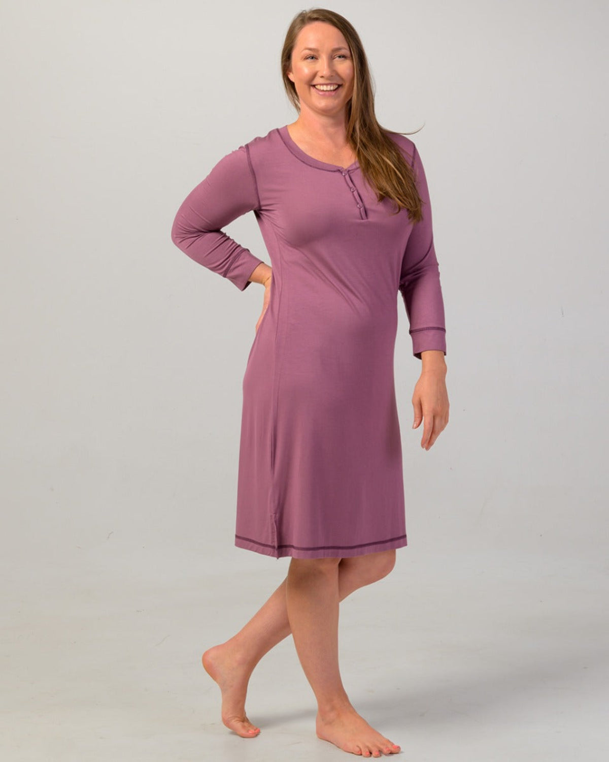 Woman wearing a bamboo orchard haze nightshirt 