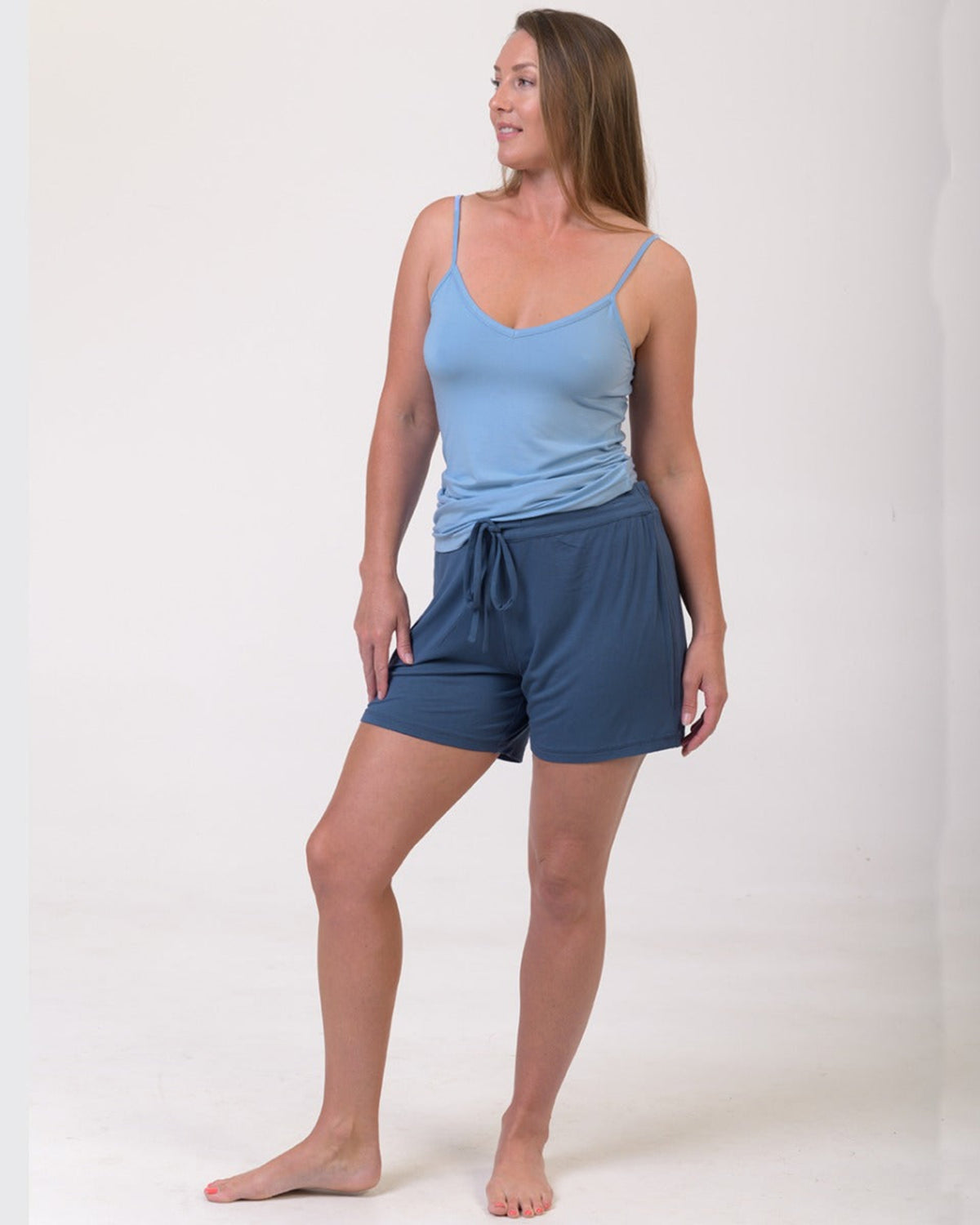 Woman wearing bamboo shortie pajama bottoms
