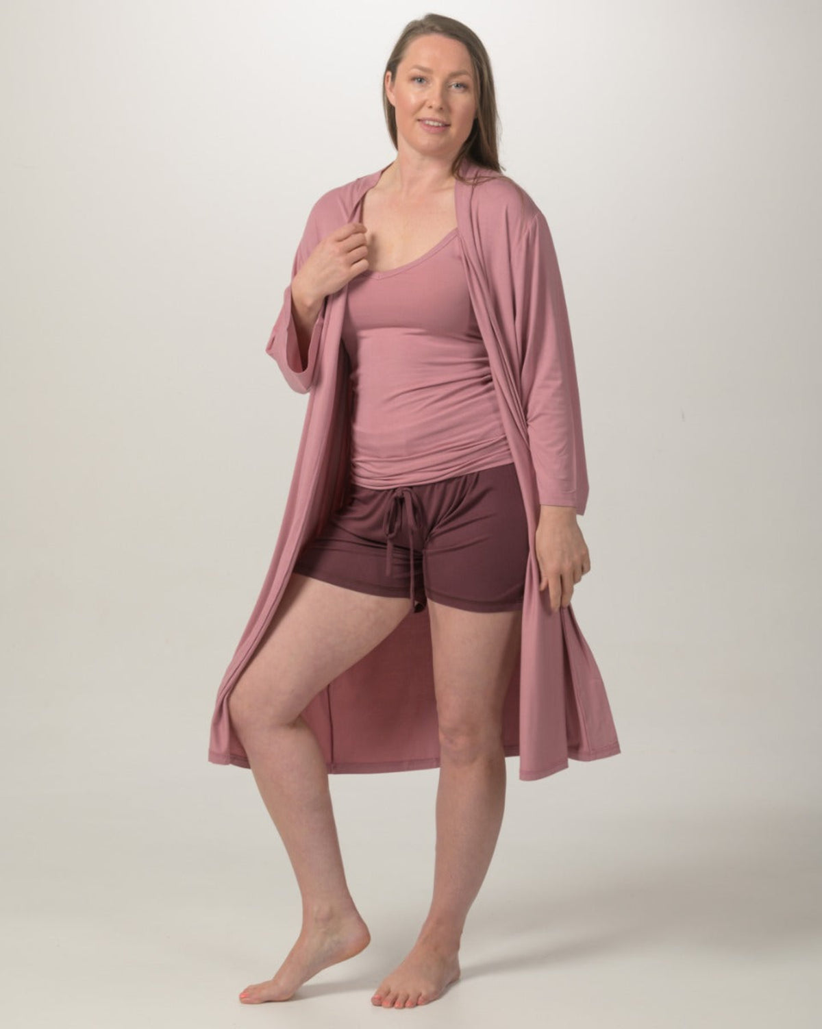 Woman wearing bamboo shortie pajama bottoms