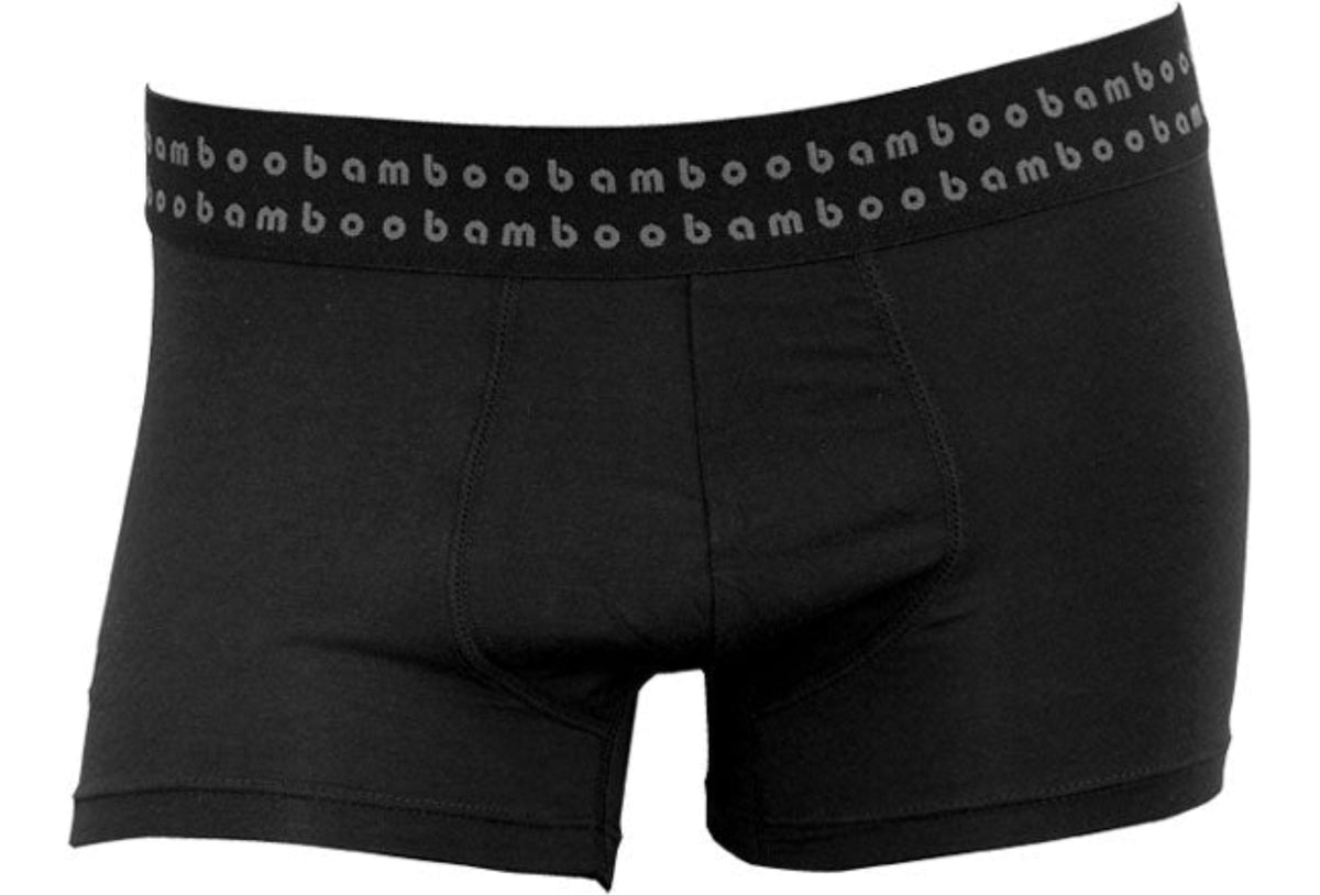 Black bamboo  boxer briefs with a branded waistband on a white background