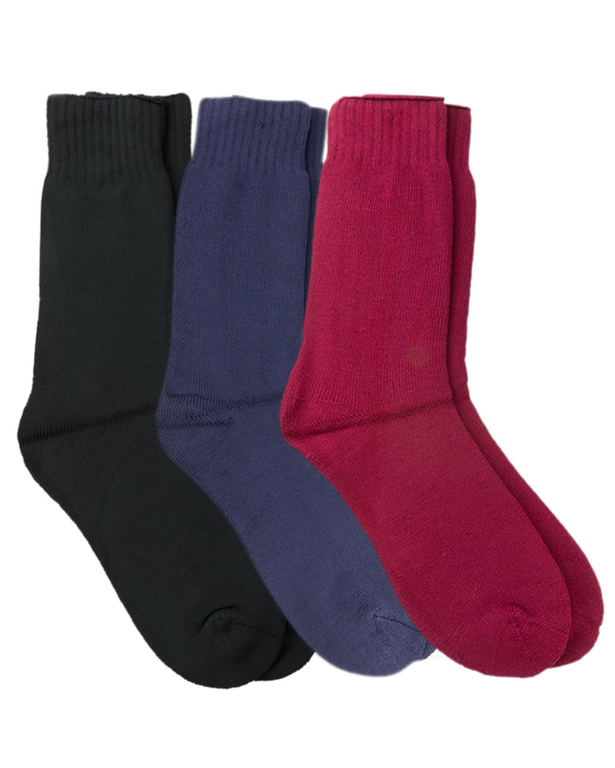 Three pairs of ribbed cuff, bamboo crew socks in black, navy blue, and burgundy red, arranged side-by-side on a plain white background.