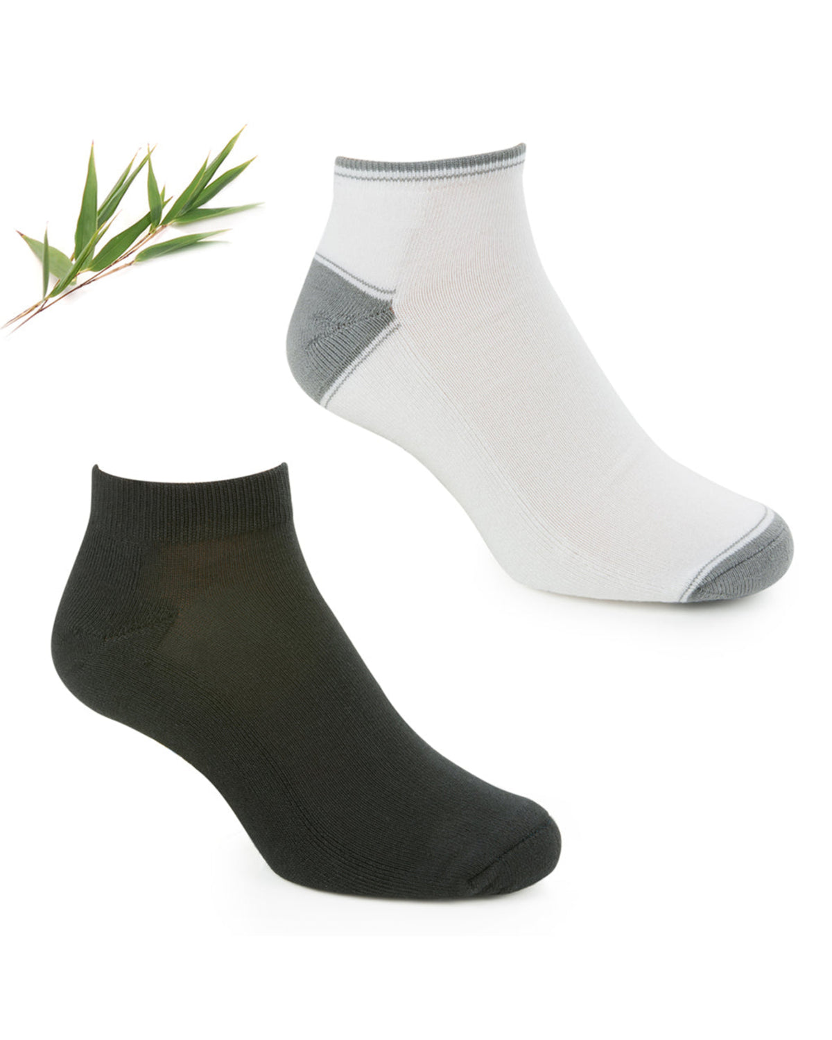 Two Bamboo ankle socks shown on invisible forms against a white background, one white with gray accents and one black with gray accents, with a small green bamboo leaf decoration in the top left corner.