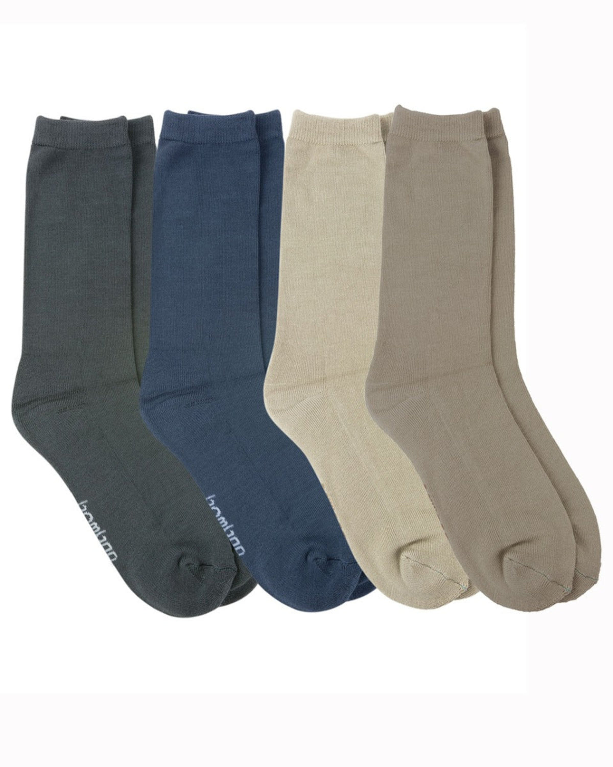 Four pairs of Bamboo dress socks in gray, blue, beige, and brown on a white background