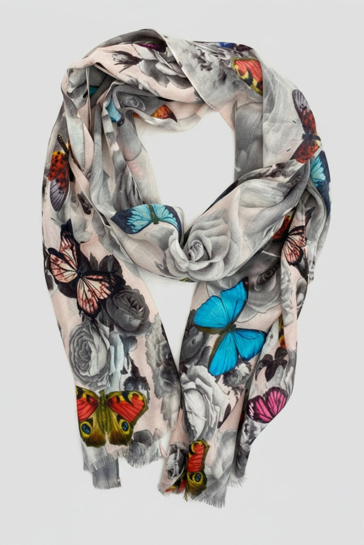 Scarf with butterfly and floral pattern on a white background