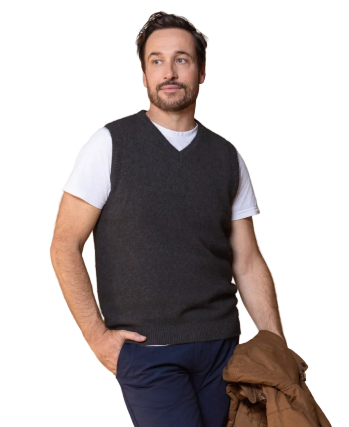 possum merino Man wearing a dark gray vest over a white shirt on a beige background