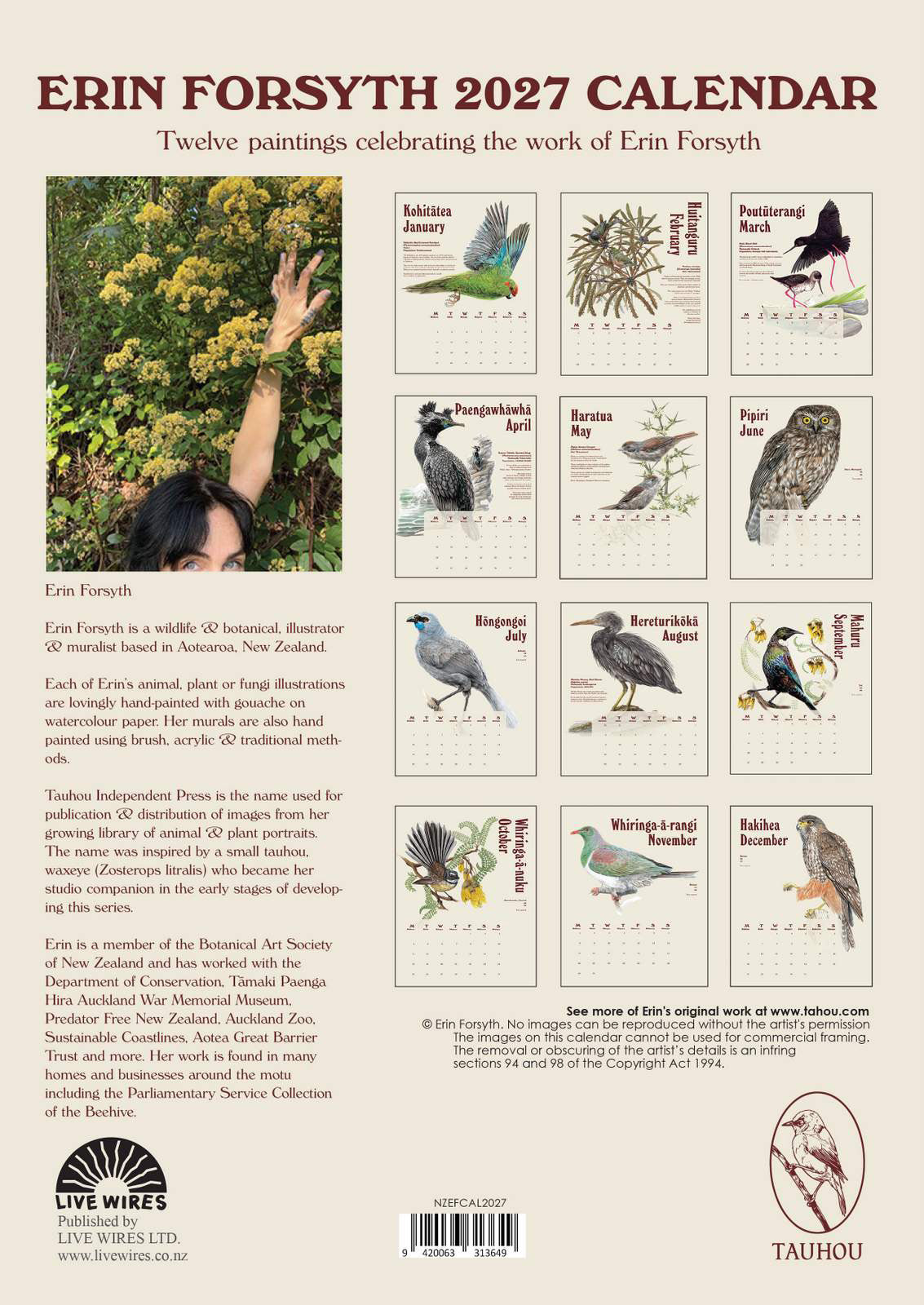 New Zealand Bird Calendar by Erin Forsyth 2027
