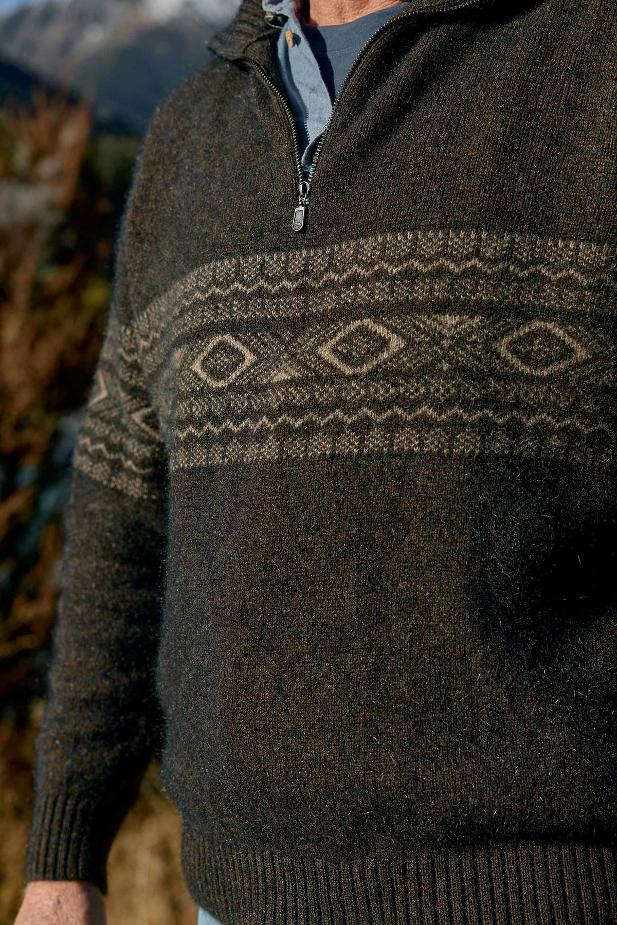 Possum Merino Fair Isle Quarter Zip Sweater