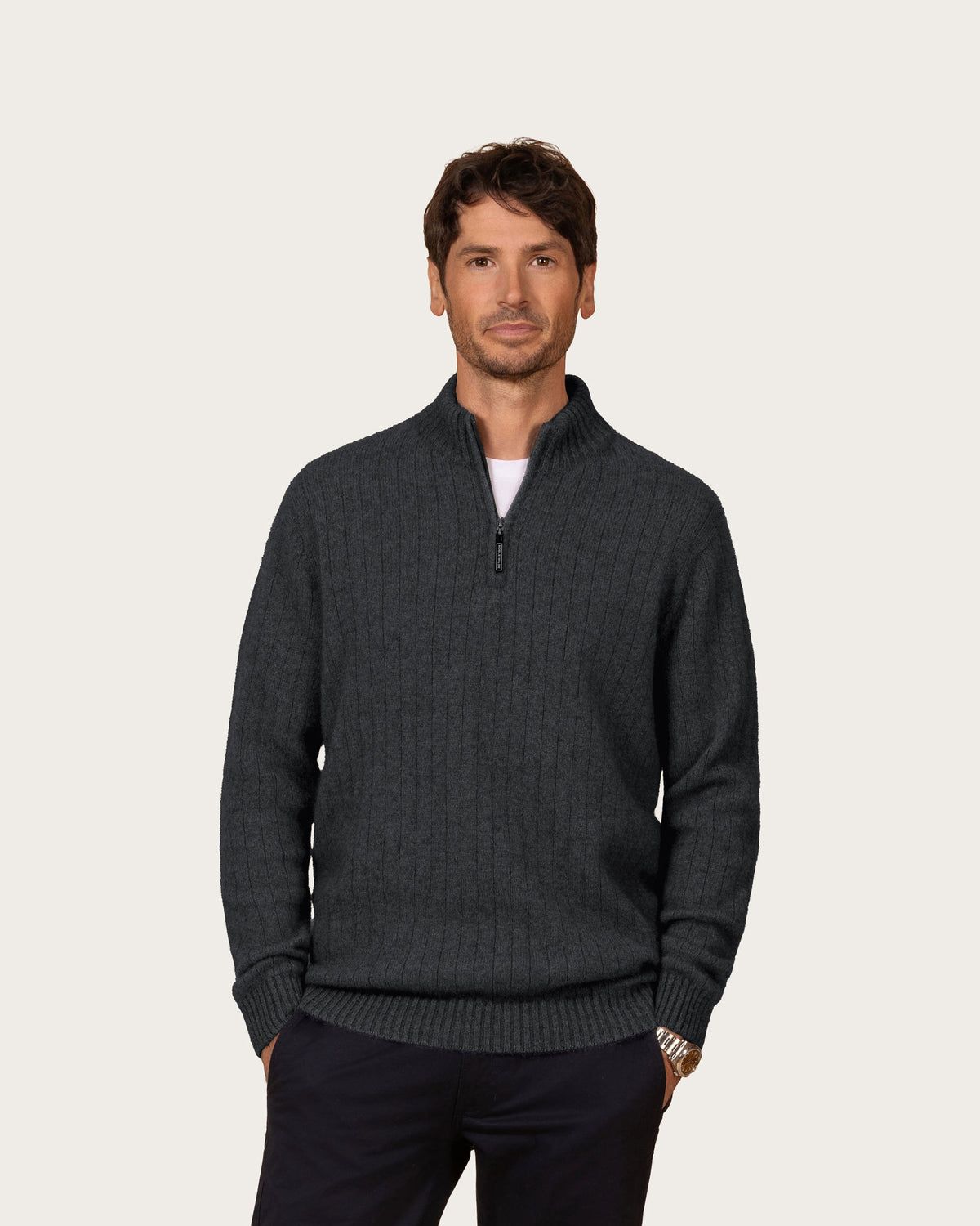 Charcoal coloured possum merino sweater with a fine rib knit detail and low mock turtle zip up collar.