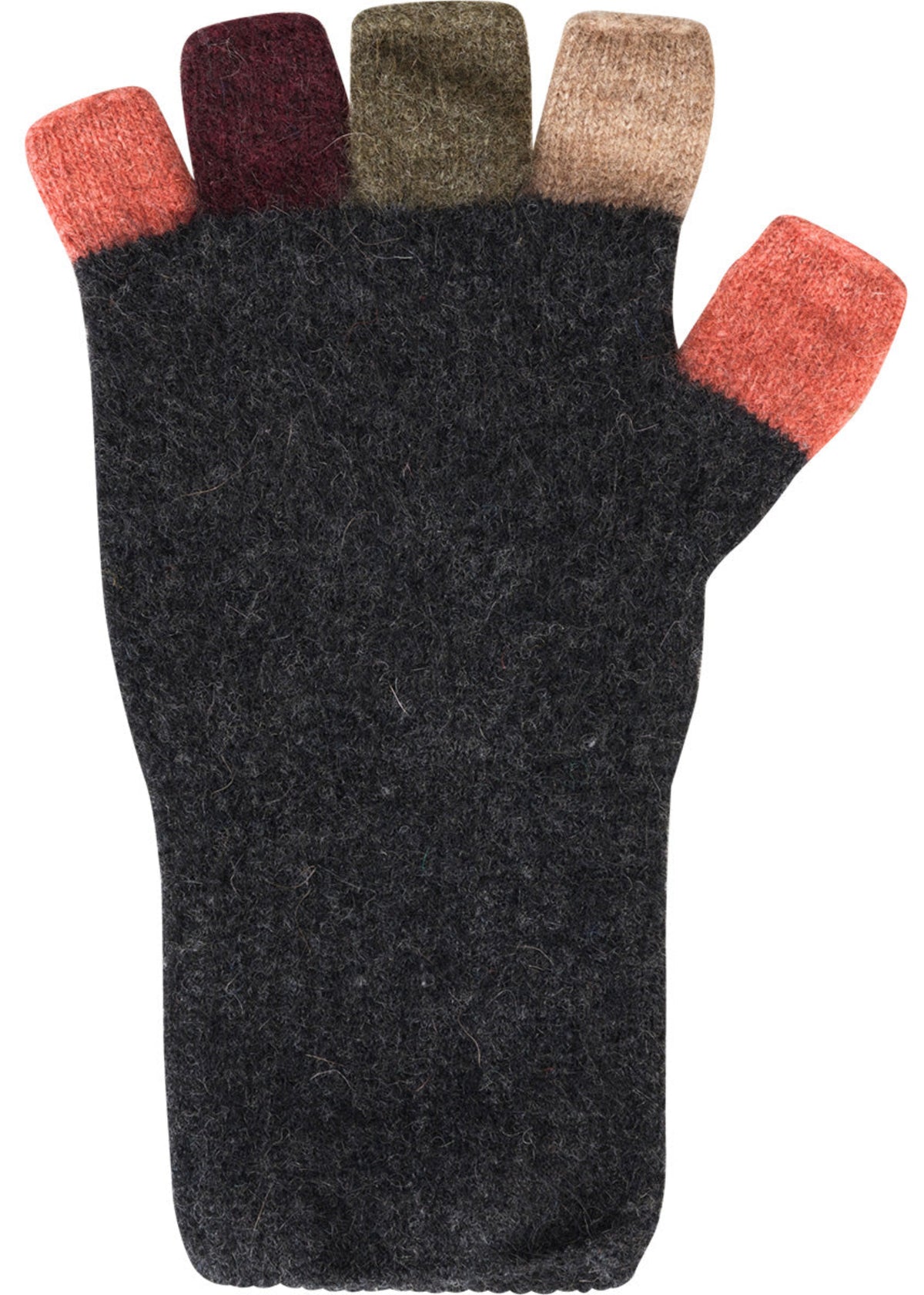 Black fingerless glove with colorful tips on a white background
