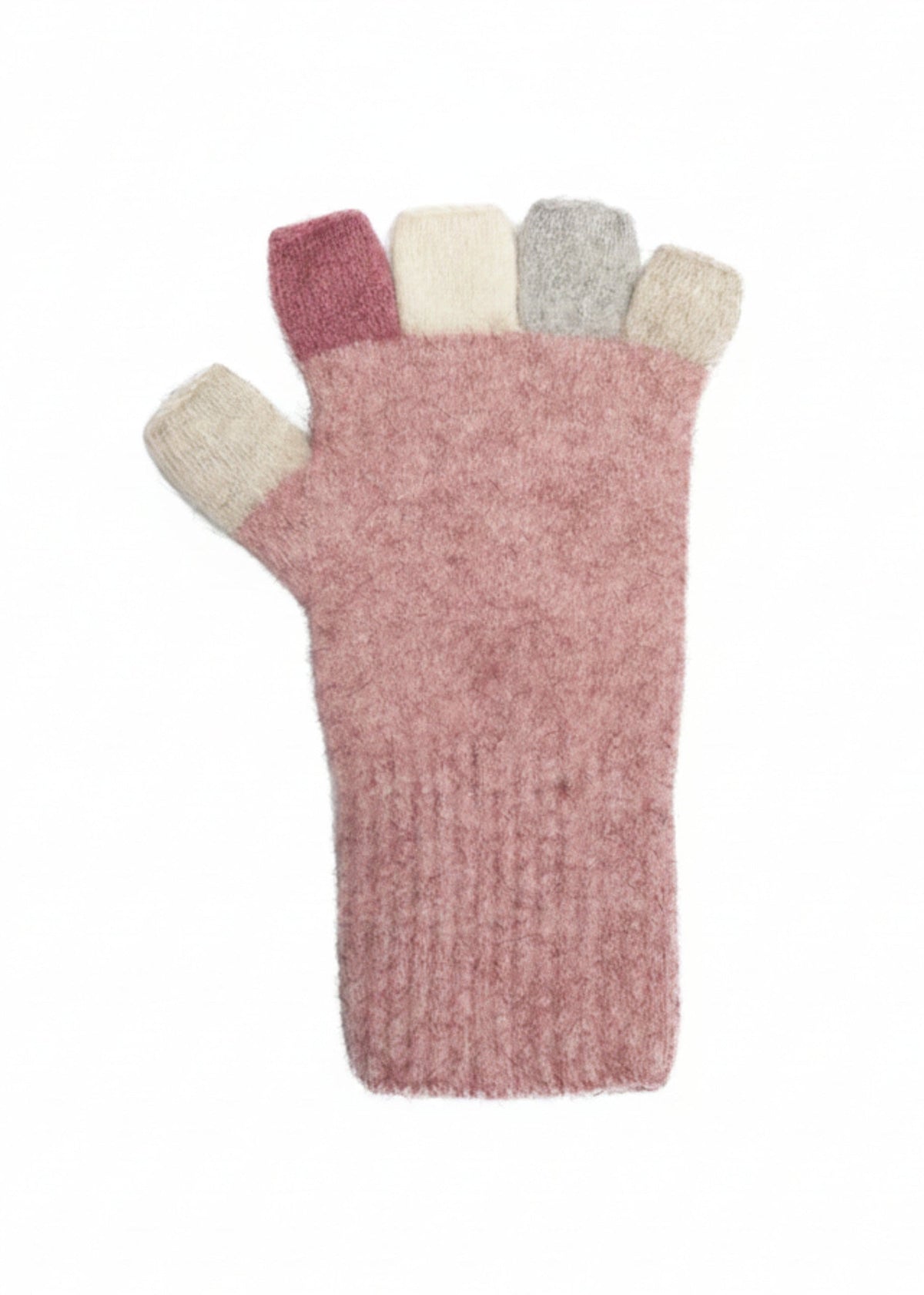 Knitted fingerless glove with multicolored tips on a white background