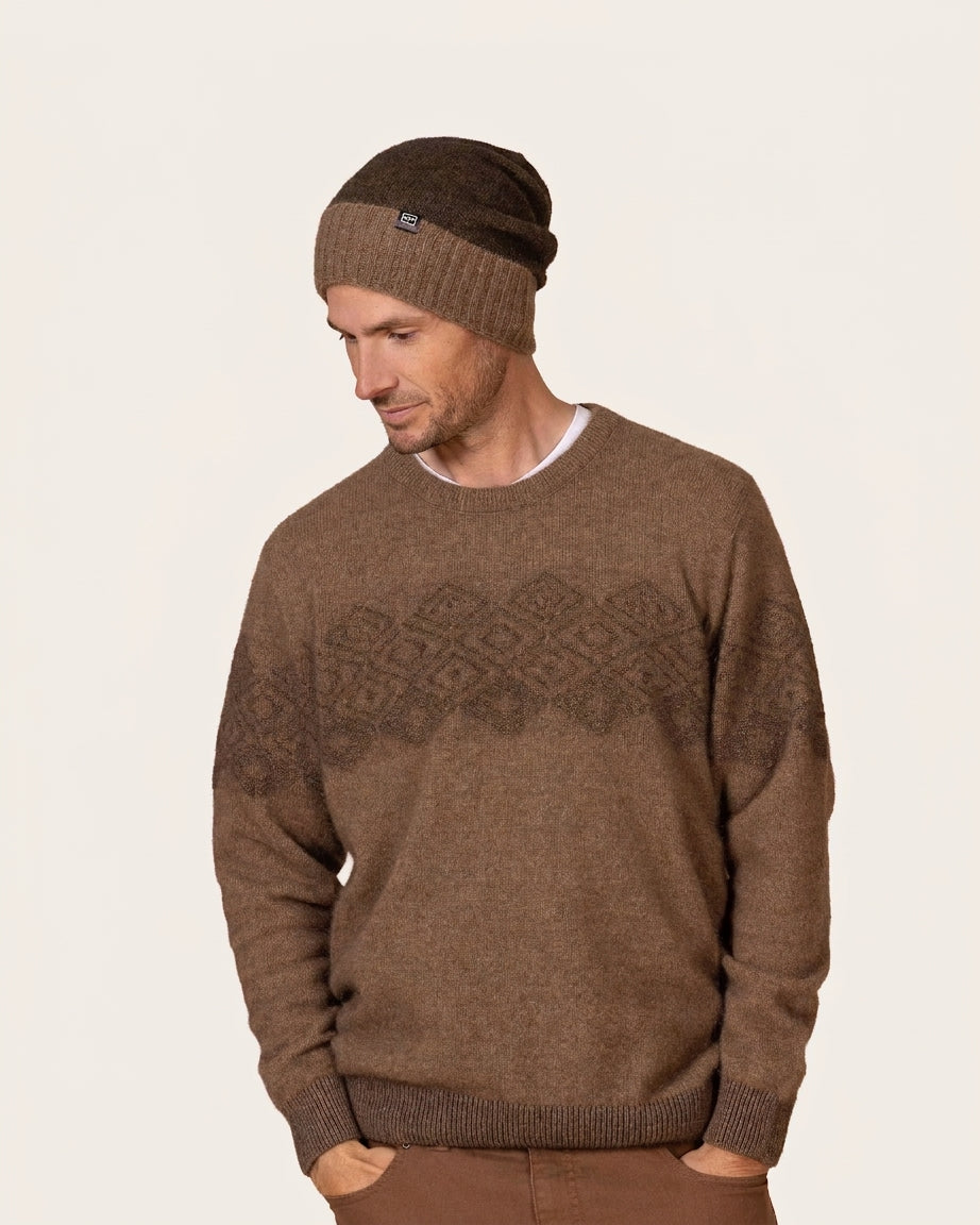 Possum Merino knitted beanie in shades of brown.