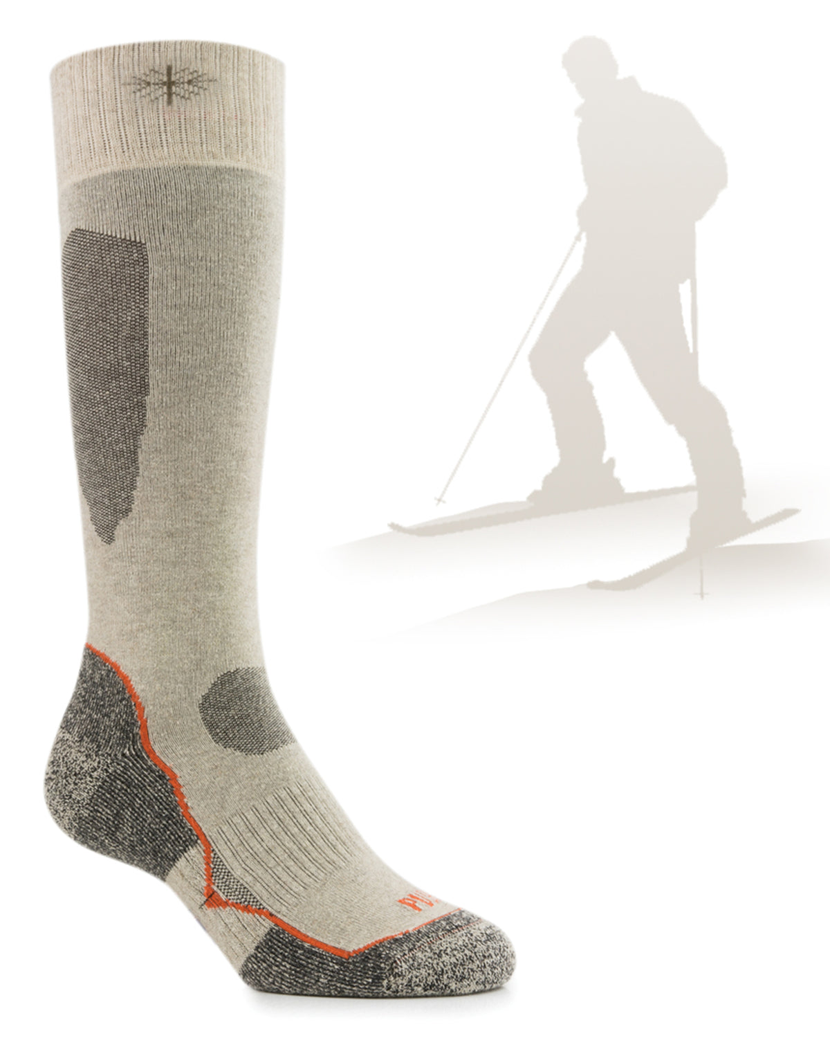 A single knee-high athletic Possum Merino sock shown on a white background, with a faint skier silhouette in the upper right. The sock is light heather gray with darker gray reinforced zones and a thin orange accent line near the foot.