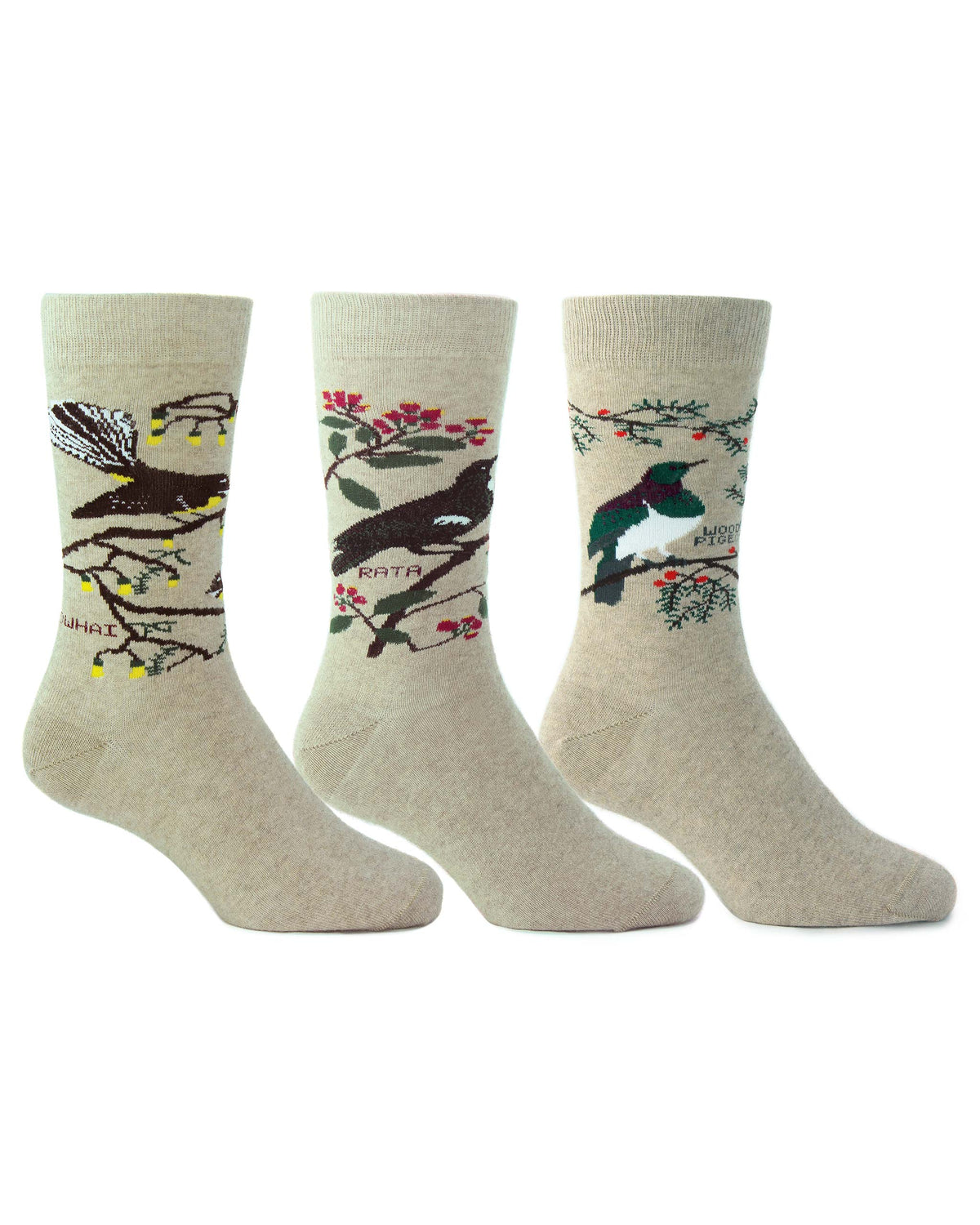 Three pairs of beige Possum Merino crew socks featuring NZ bird designs, displayed side by side on a white background.