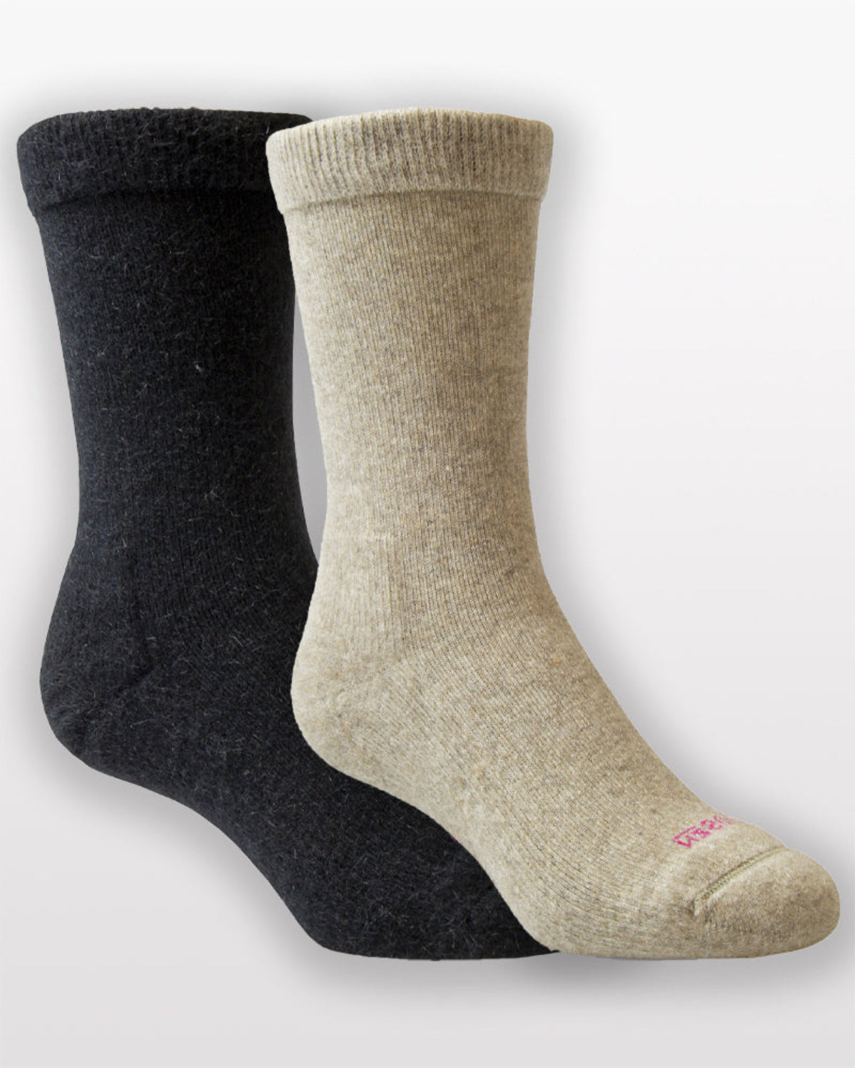 possum merino Two pairs of socks, one black and one beige, on a light gray background.