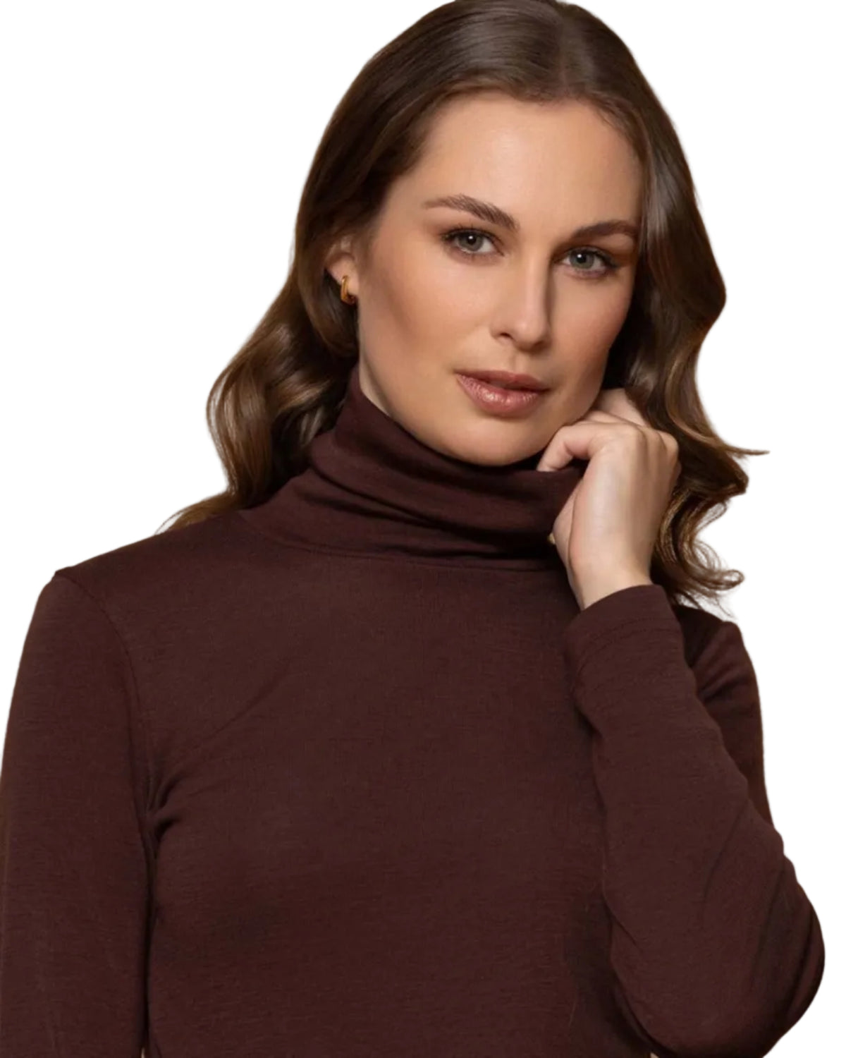 Woman wearing a teal turtleneck sweater on a white background