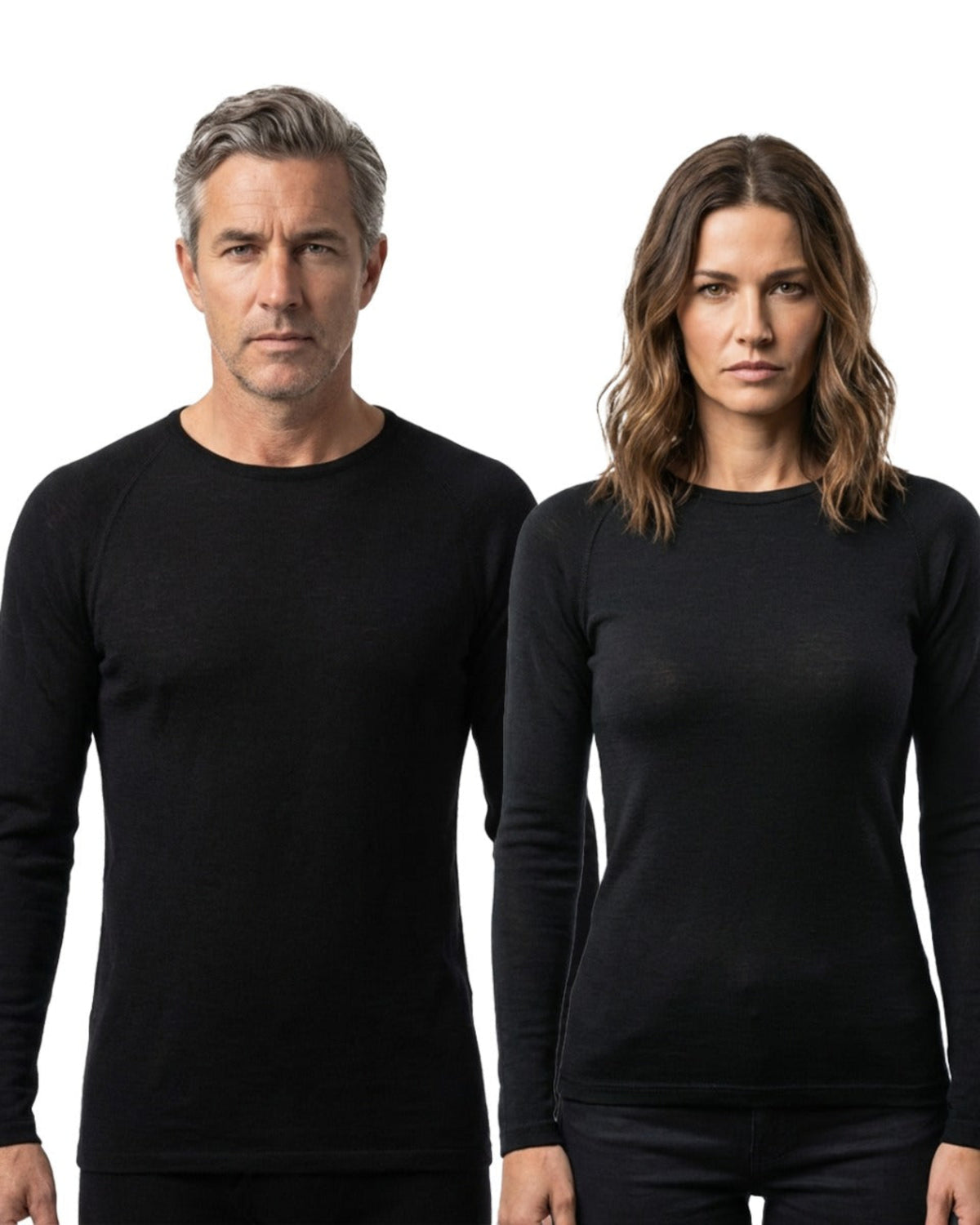 Acrux Superfine Merino Long Sleeve T-Shirt Two people wearing black long-sleeve shirts against a white background