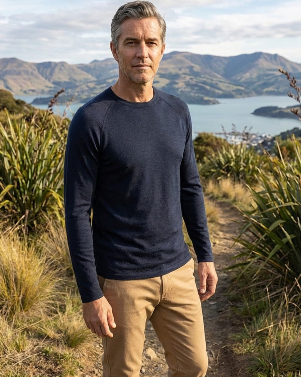 Acrux Superfine Merino Long Sleeve T-Shirt Man standing on a scenic path with mountains and water in the background