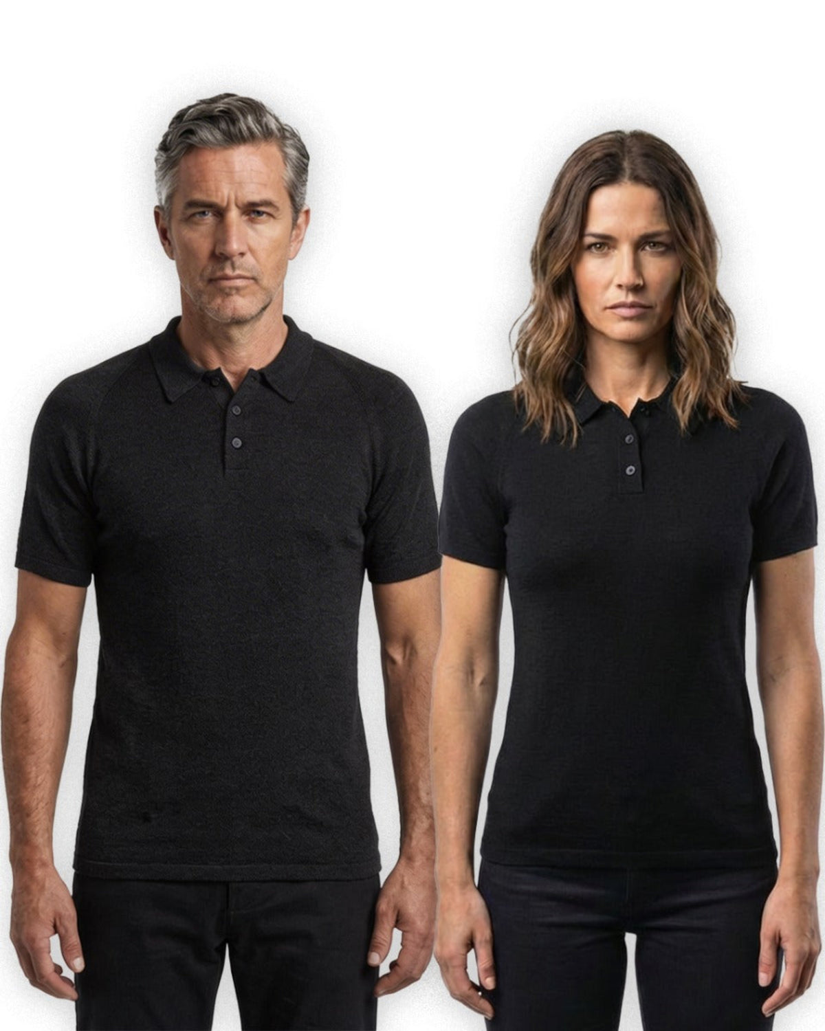 Two people wearing merino black polo shirts 