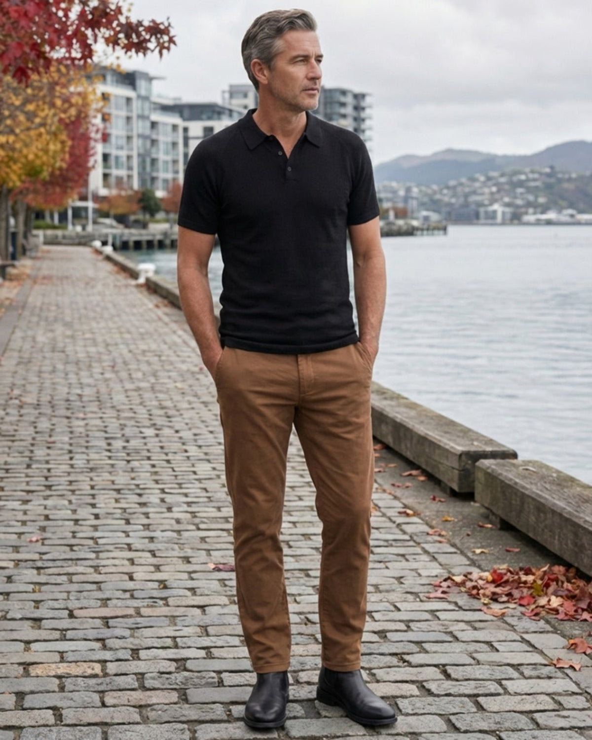 Man in merino black polo shirt and brown pants standing by a waterfront with buildings and mountains in the background.
