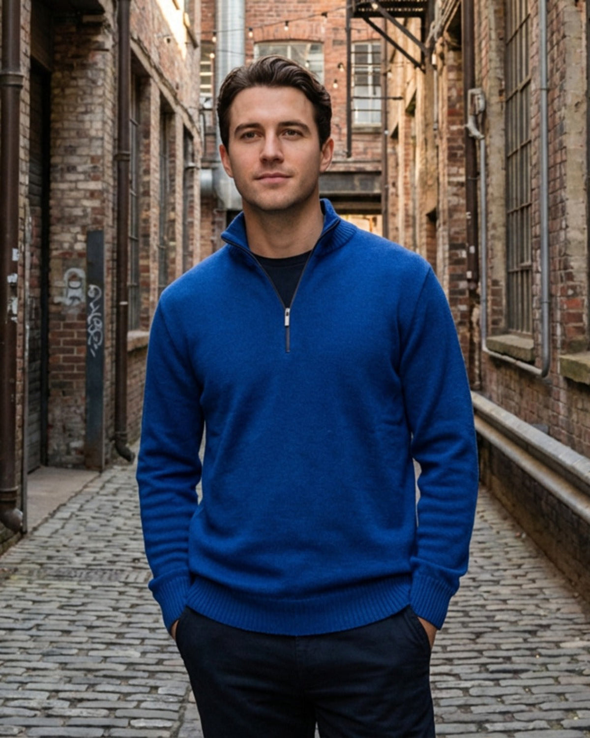 Man wearing a merino blue sweater standing in an alleyway with brick walls.