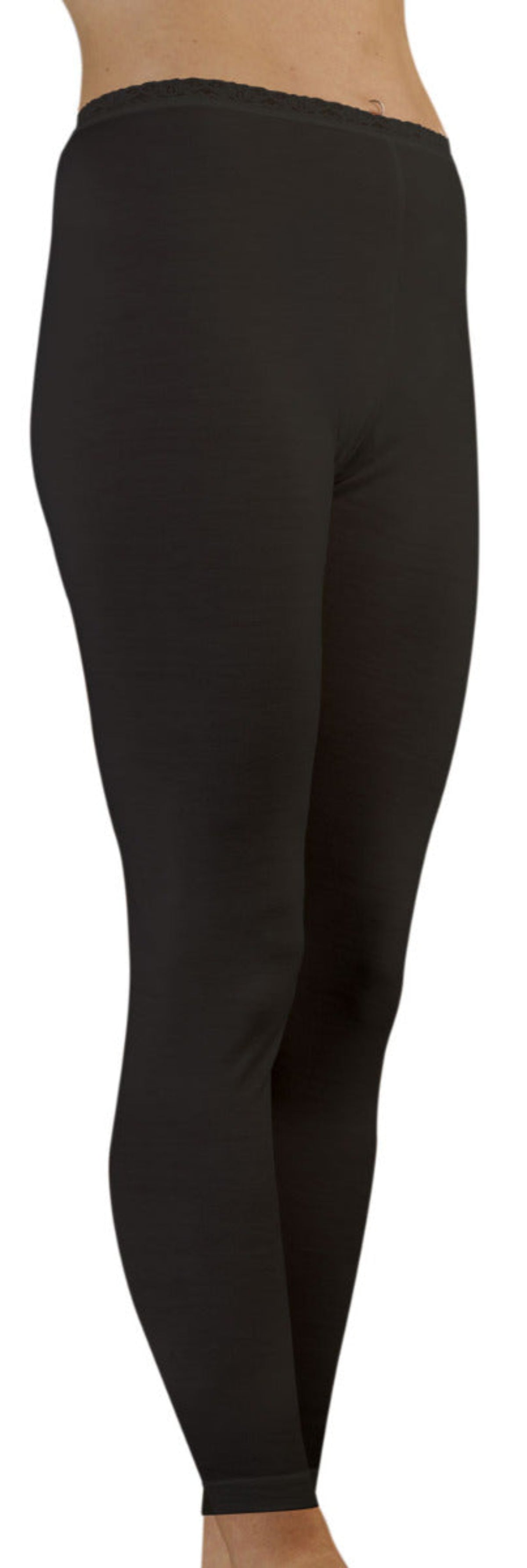 merino superfine Black leggings worn by a person on a white background