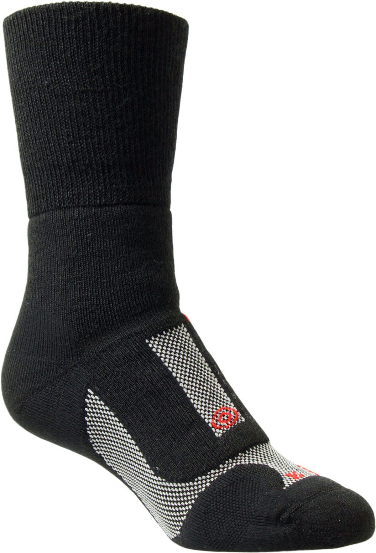 Black sock with patterned sole on a white background