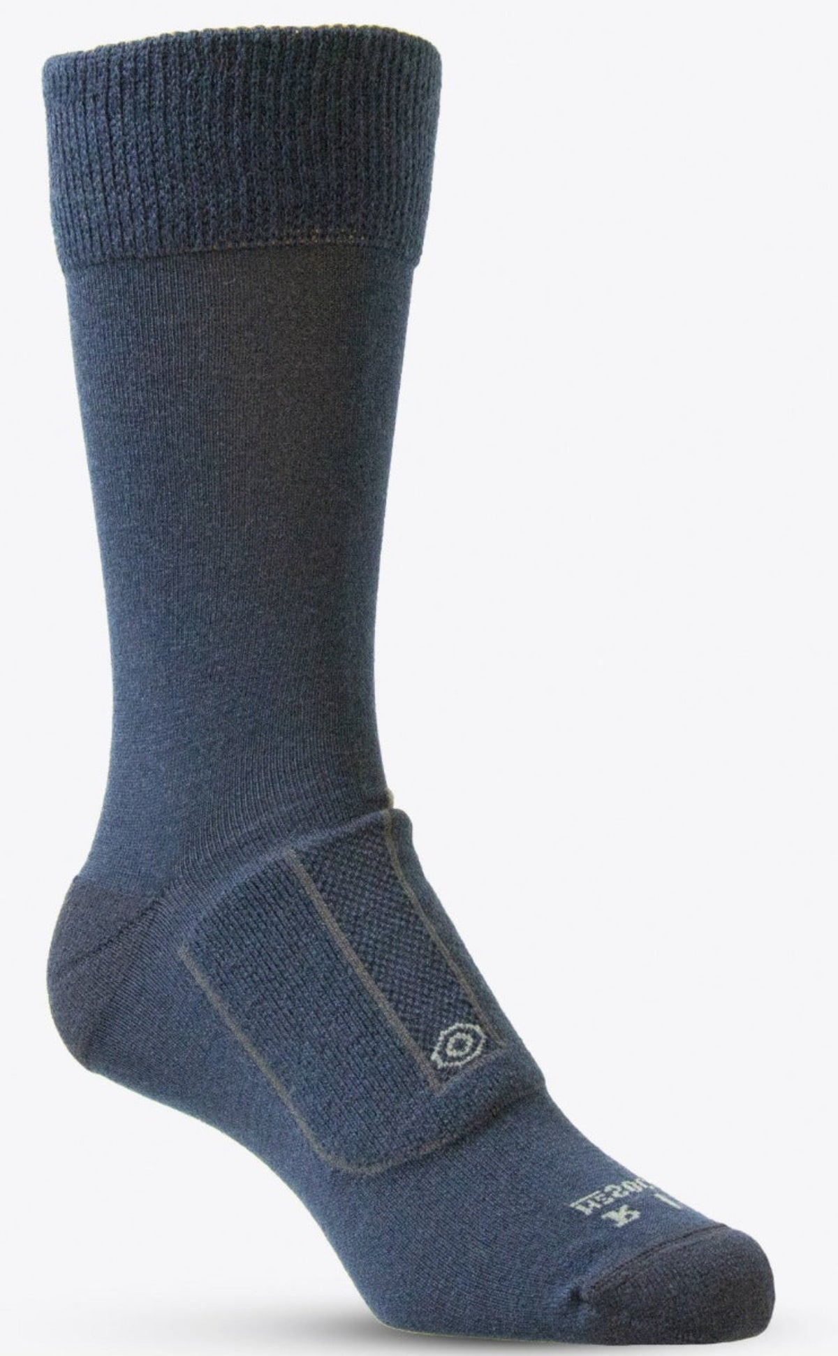 Blue sock with a merino textured pattern on a white background
