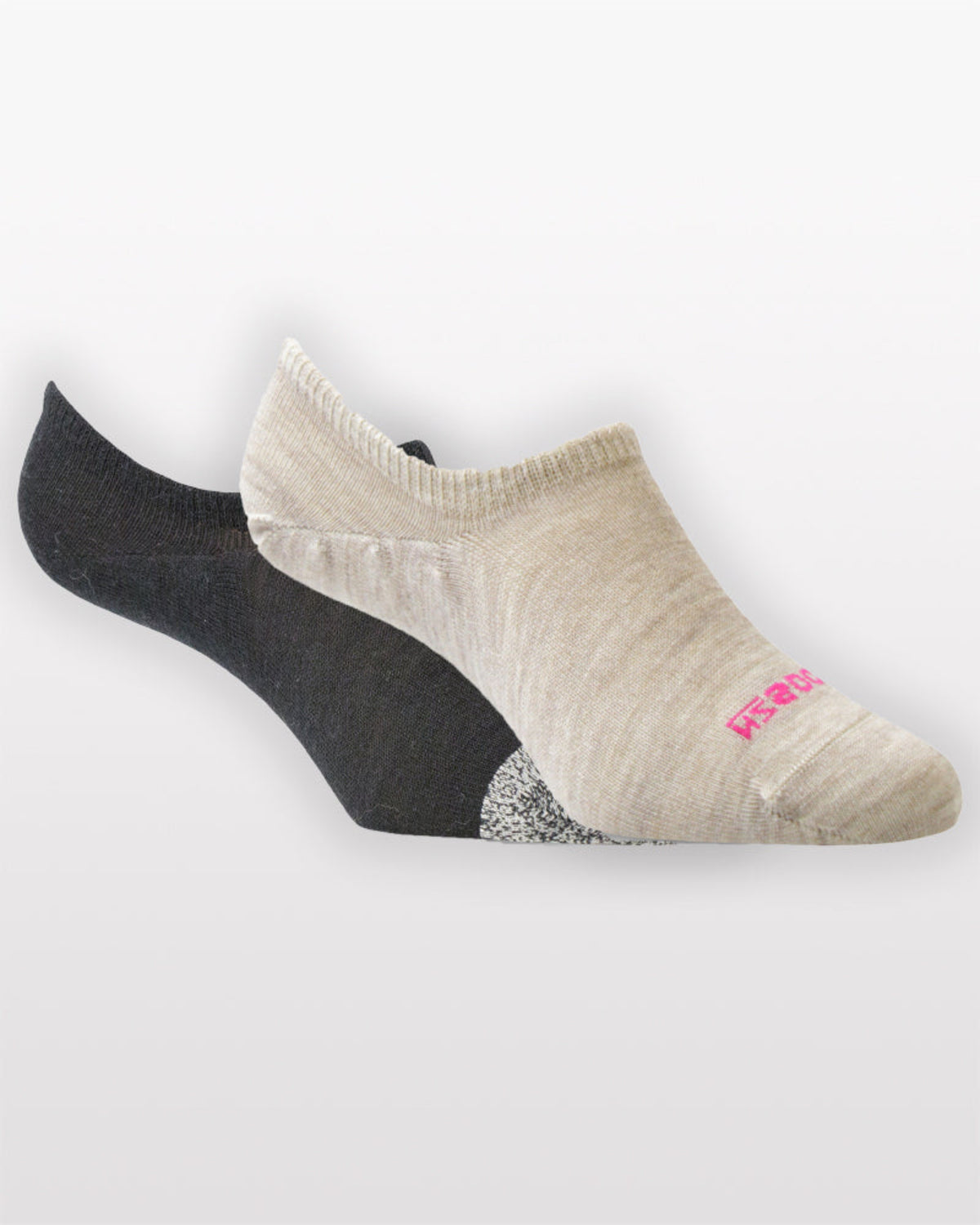 Two pairs of Merino socks, one black and one beige with a pink logo, on a white background.