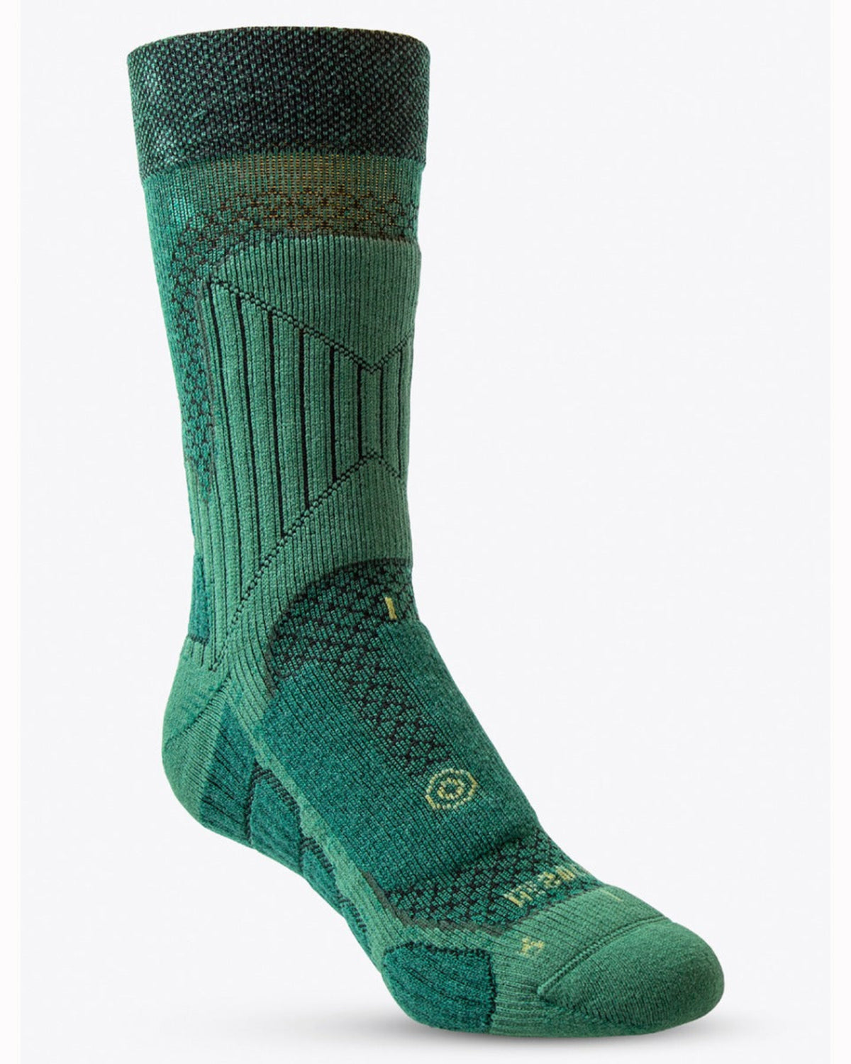 Green Merino hiking sock with black top on a white background