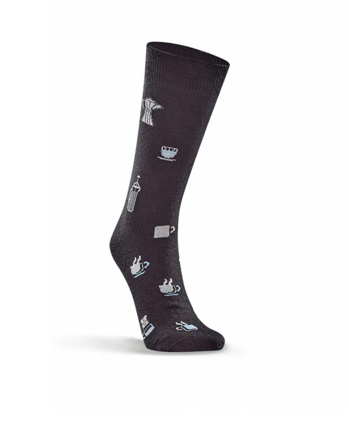 Black sock merino with white coffee-themed icons on a white background