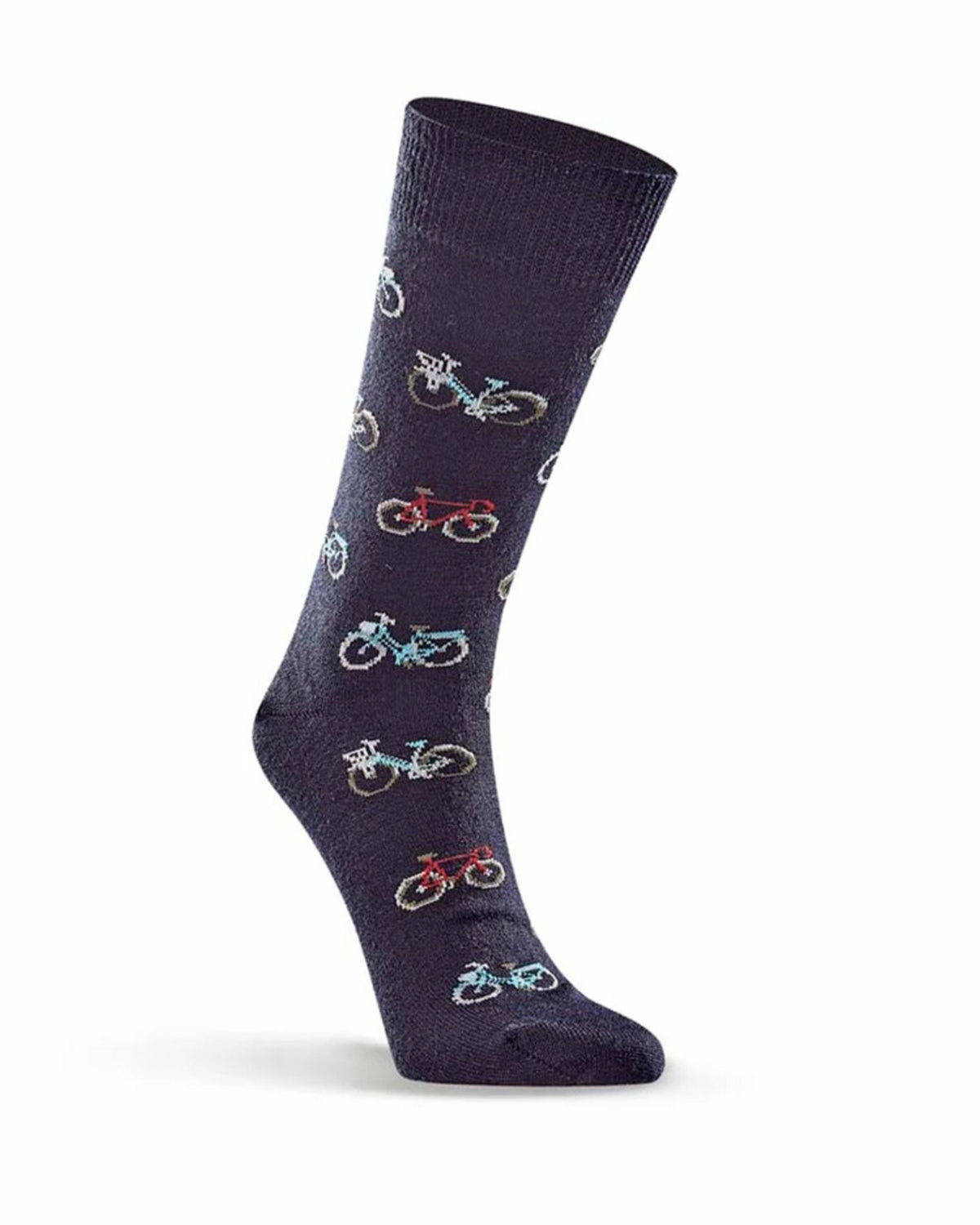 Navy merino sock with bicycle pattern on a white background