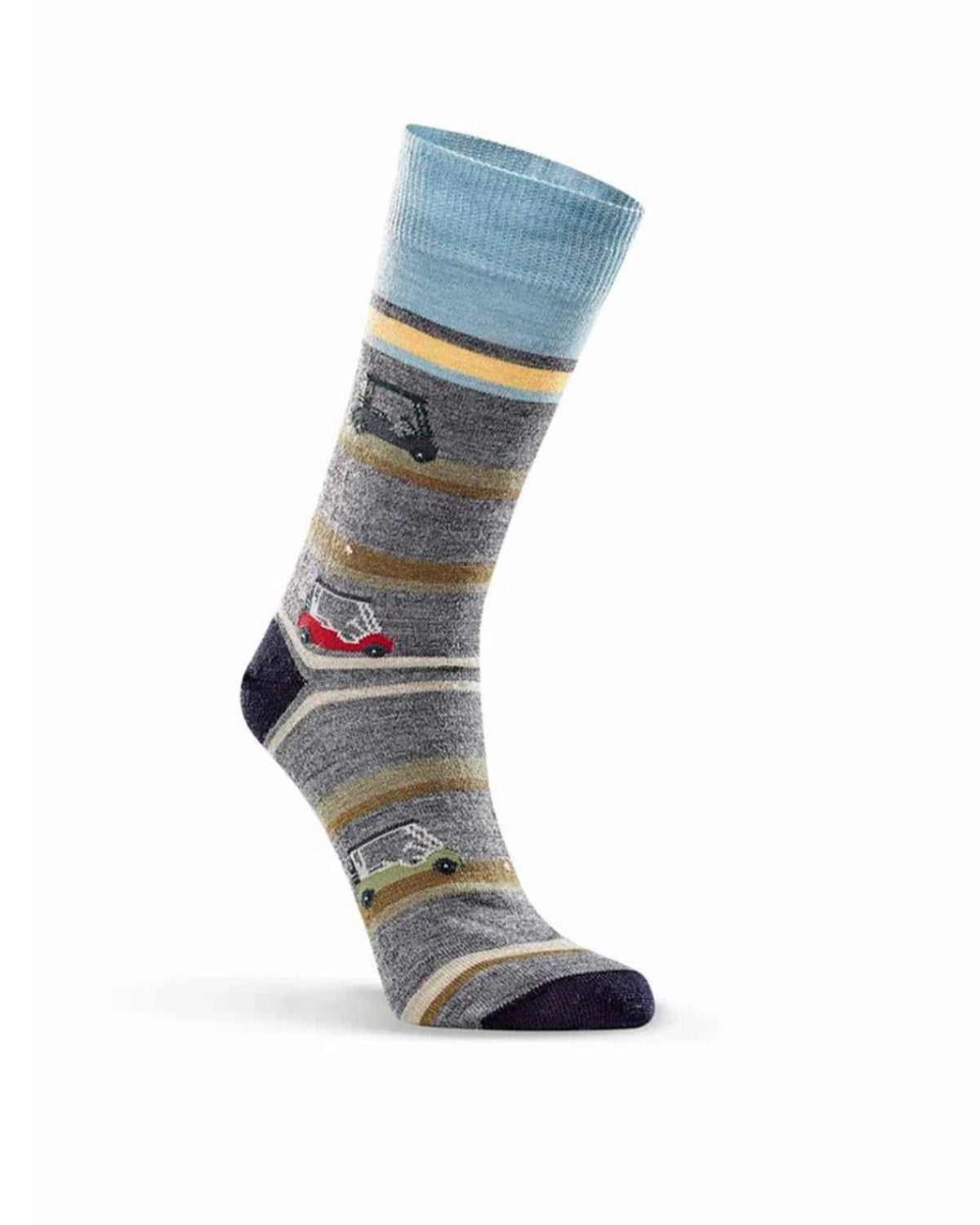 Colorful merino striped sock with vehicle designs on a white background