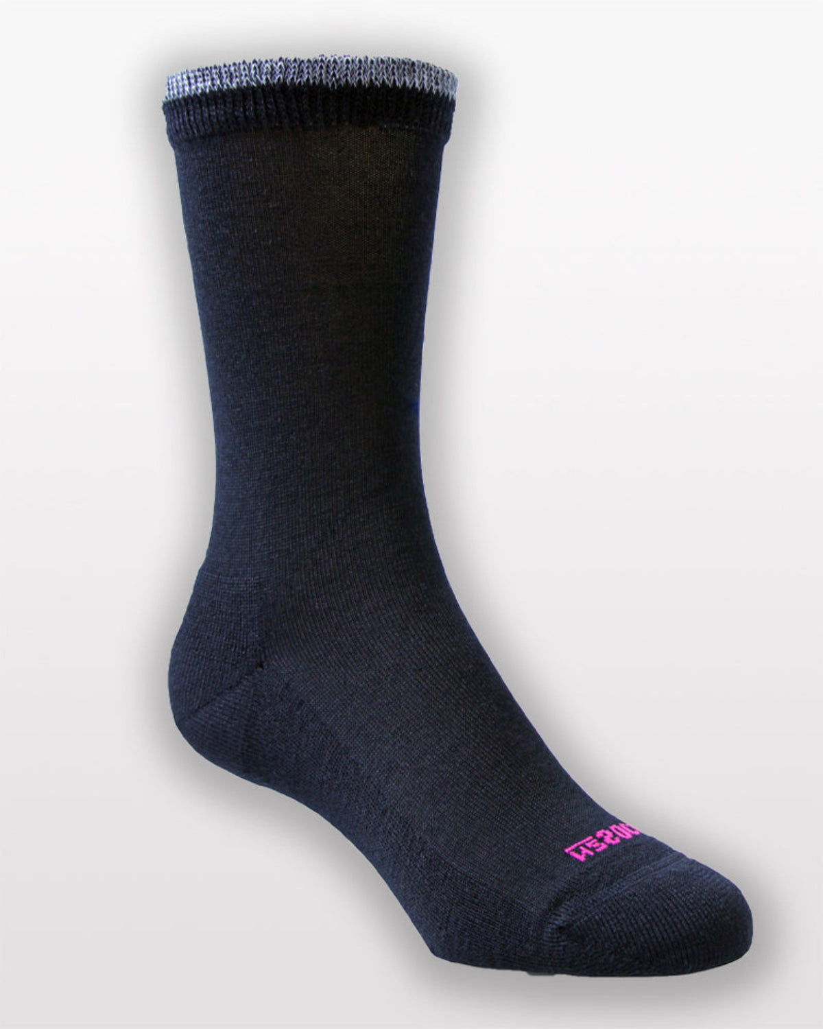 Black merino cushioned sock with pink logo on a light gray background