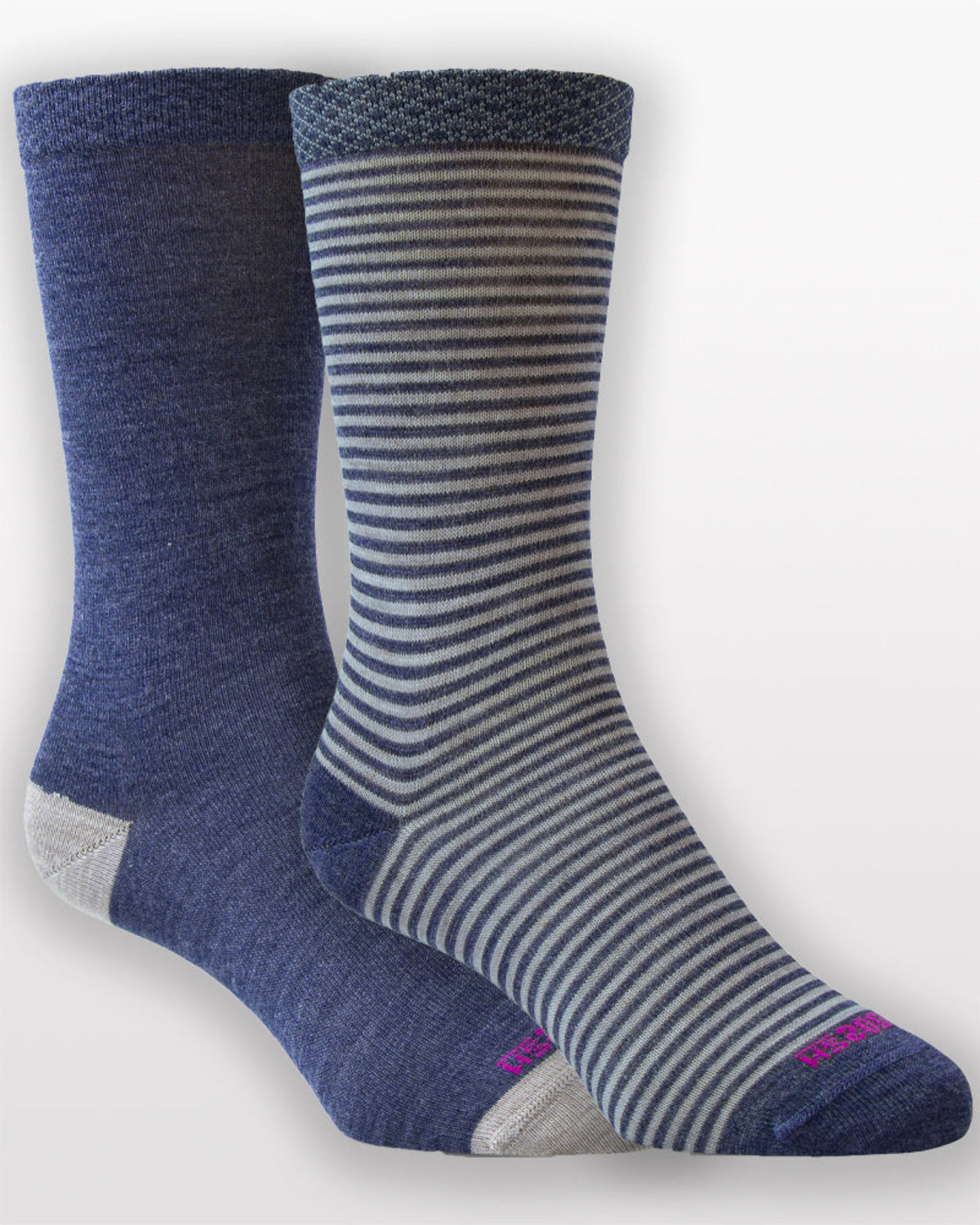 Two pairs of merino blue socks with different patterns on a white background