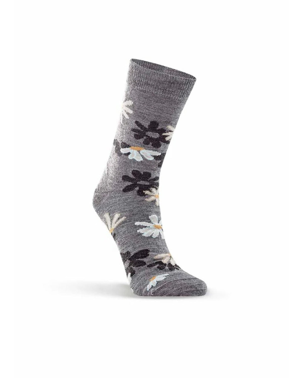 Merino Gray sock with floral patterns on a white background