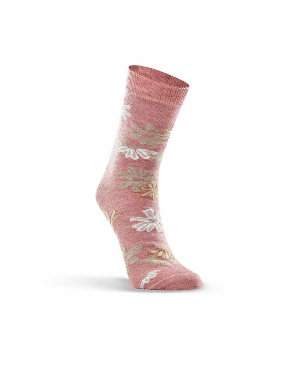 Merino Pink sock with floral patterns on a white background
