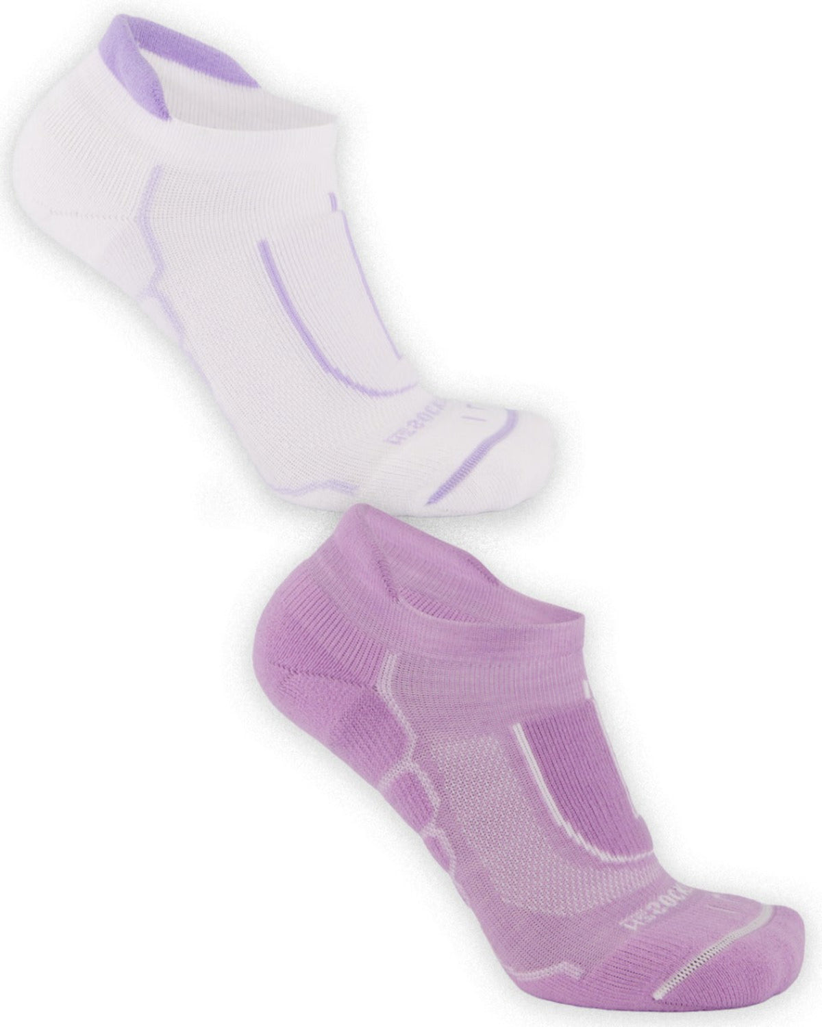 Two pairs of socks, one white and one purple, on a white background