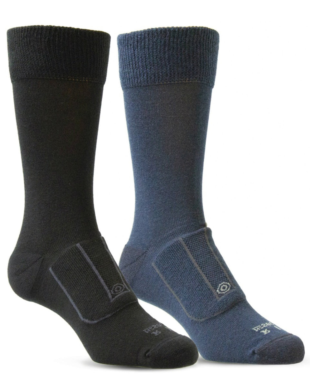 Two pairs of merino socks, one black and one blue, on a white background