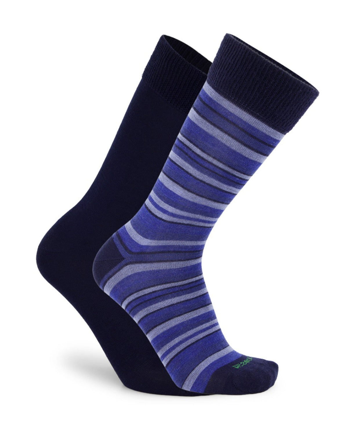 Pair of merino blue and black striped socks on a white background