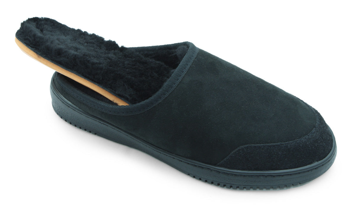 sheepskin clogBlack slipper with fur lining on a white background